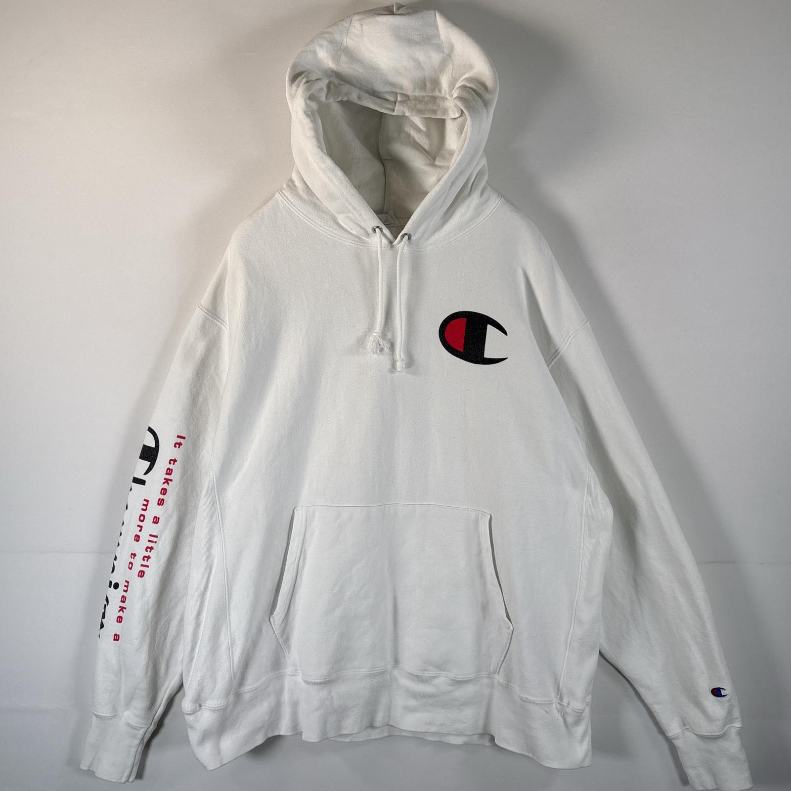 古着 チャンピオン Champion パーカー リバースウィーブ 大きいサイズ 復刻 フーディー ワンポイントロゴプリント 袖ロゴ X LARGE ホワイト メンズ 【中古】