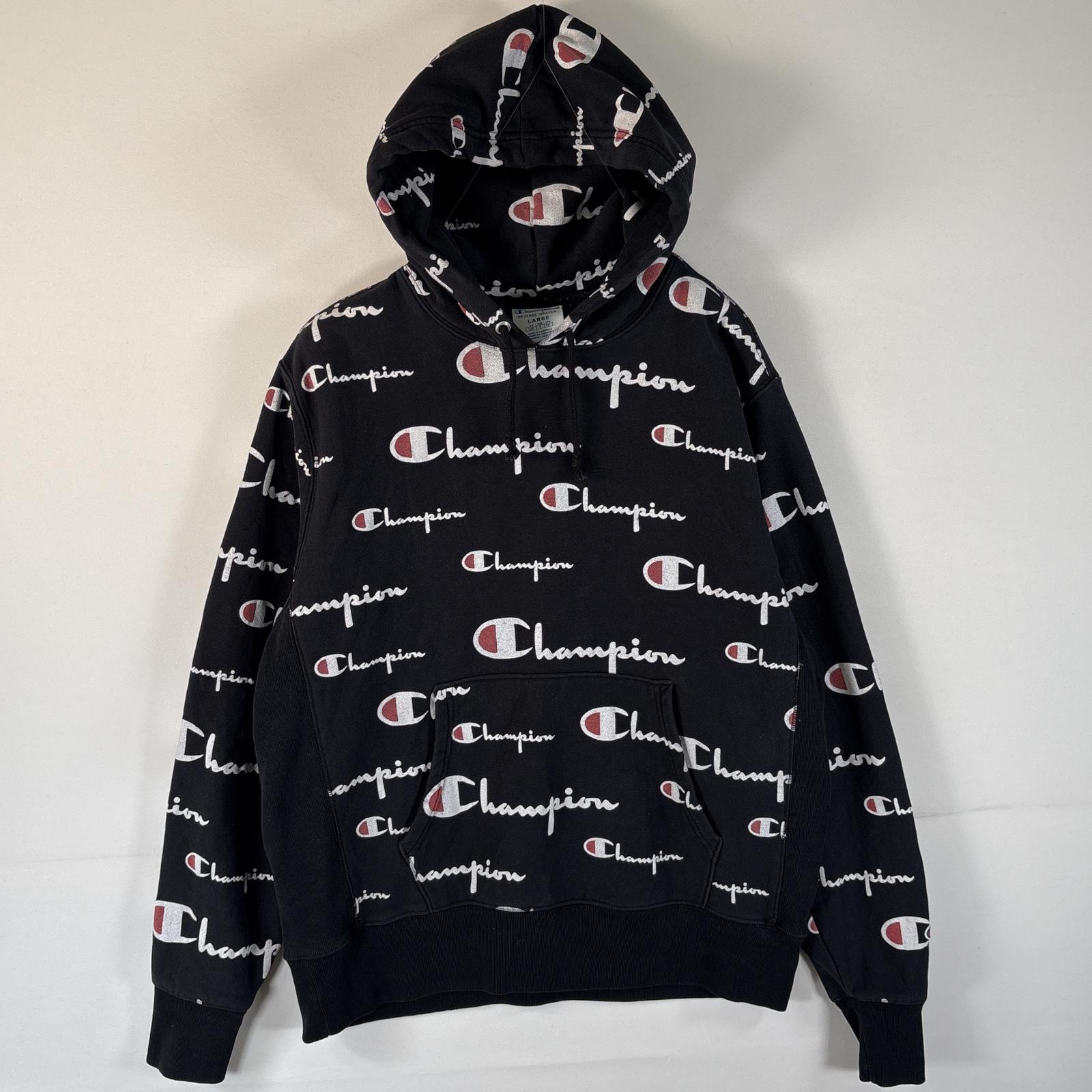 古着 チャンピオン Champion パーカー リバースウィーブ 復刻 ロゴプリント ワッペン フーディ LARGE ブラック 総柄 メンズ 【中古】