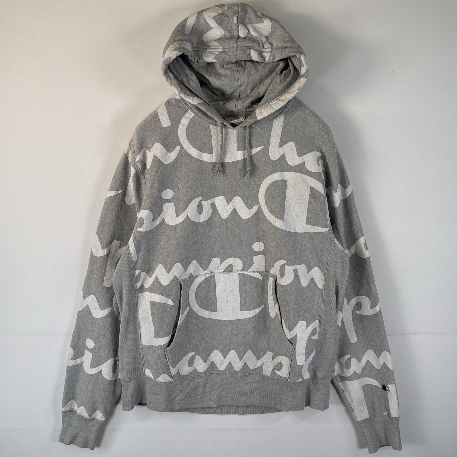 古着 チャンピオン Champion パーカー リバーススウィーブ 総柄 ロゴデザイン フーディ プルオーバー LARGE グレー メンズ 【中古】