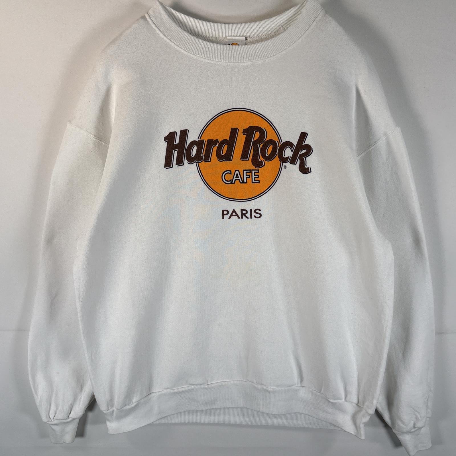 古着 90's/90年代 ハードロックカフェ Hard Rock Cafe スウェット トレーナー クルーネック PARIS ロゴプリント 大きいサイズ XL ホワイト メンズ 【中古】