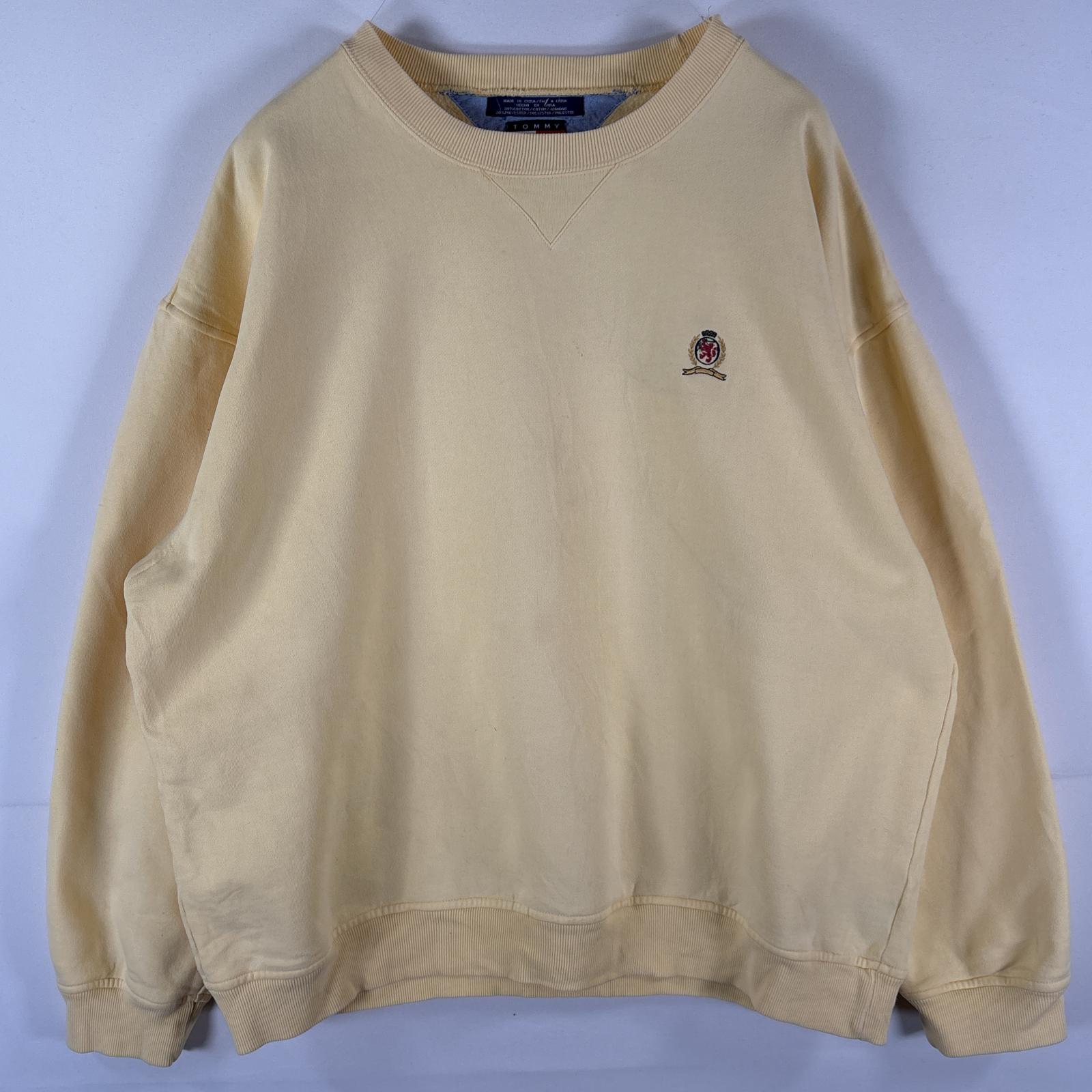 古着 90's/90年代 トミーヒルフィガー TOMMY HILFIGER スウェット トレーナー 旧ロゴ 大きいサイズ ワンポイントロゴ XL イエロー系 メンズ 【中古】