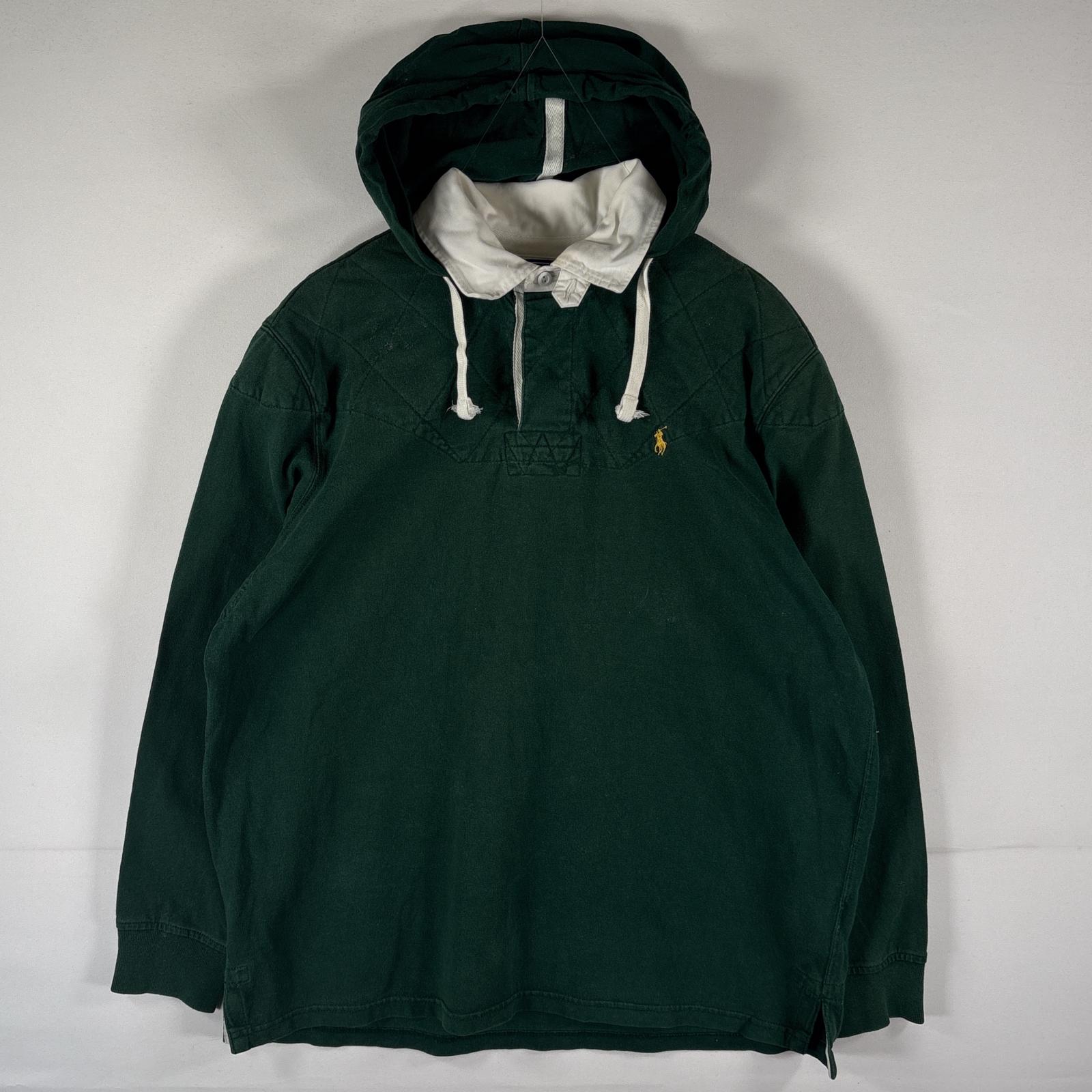 古着 90's/90年代 ポロバイラルフローレン Polo by Ralph Lauren 長袖 ラガーシャツ フーディ ワンポイントロゴ刺繍 L グリーン メンズ 【中古】