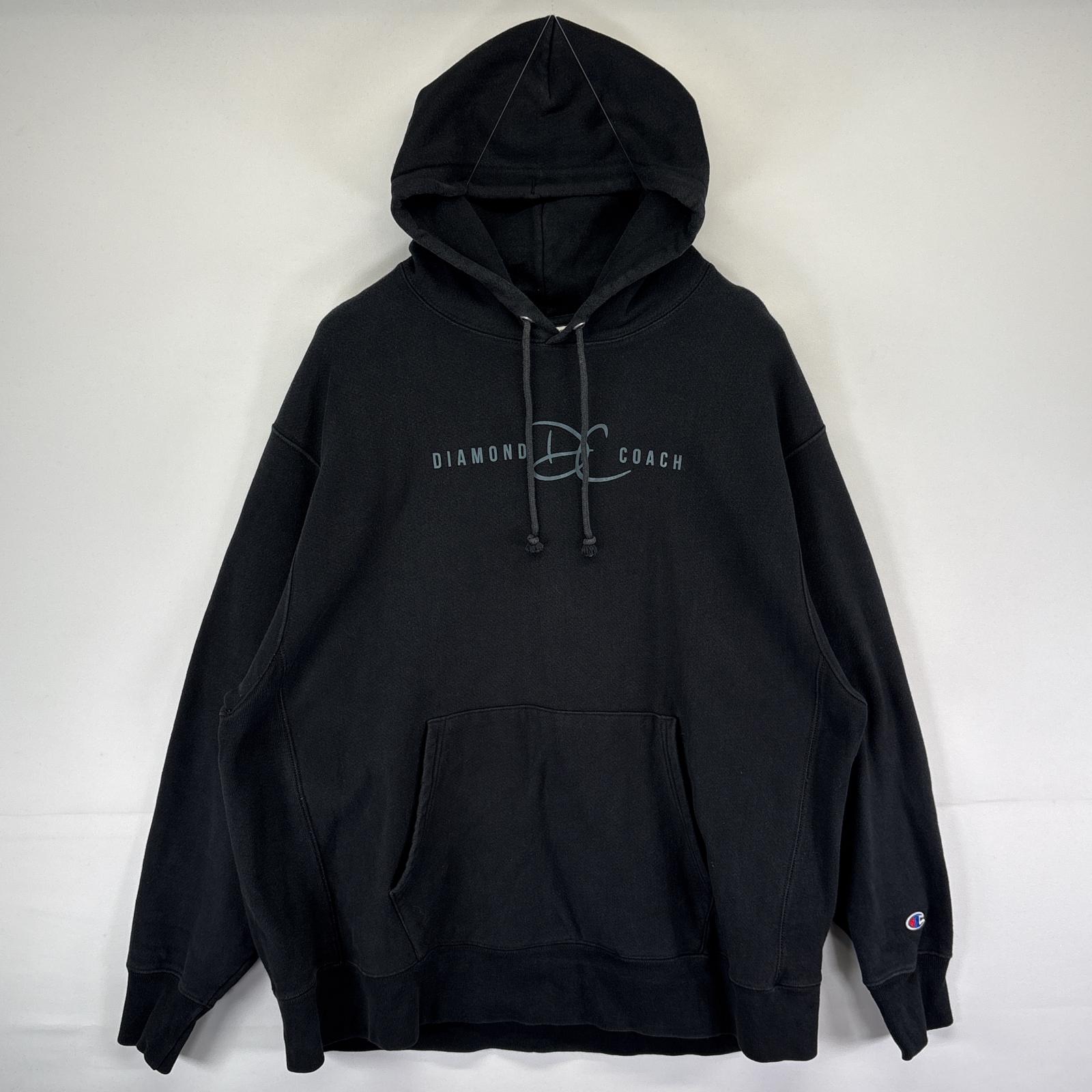 古着 チャンピオン Champion パーカー リバースウィーブ 大きいサイズ ロゴプリント プルオーバー 2XL ブラック メンズ 【中古】