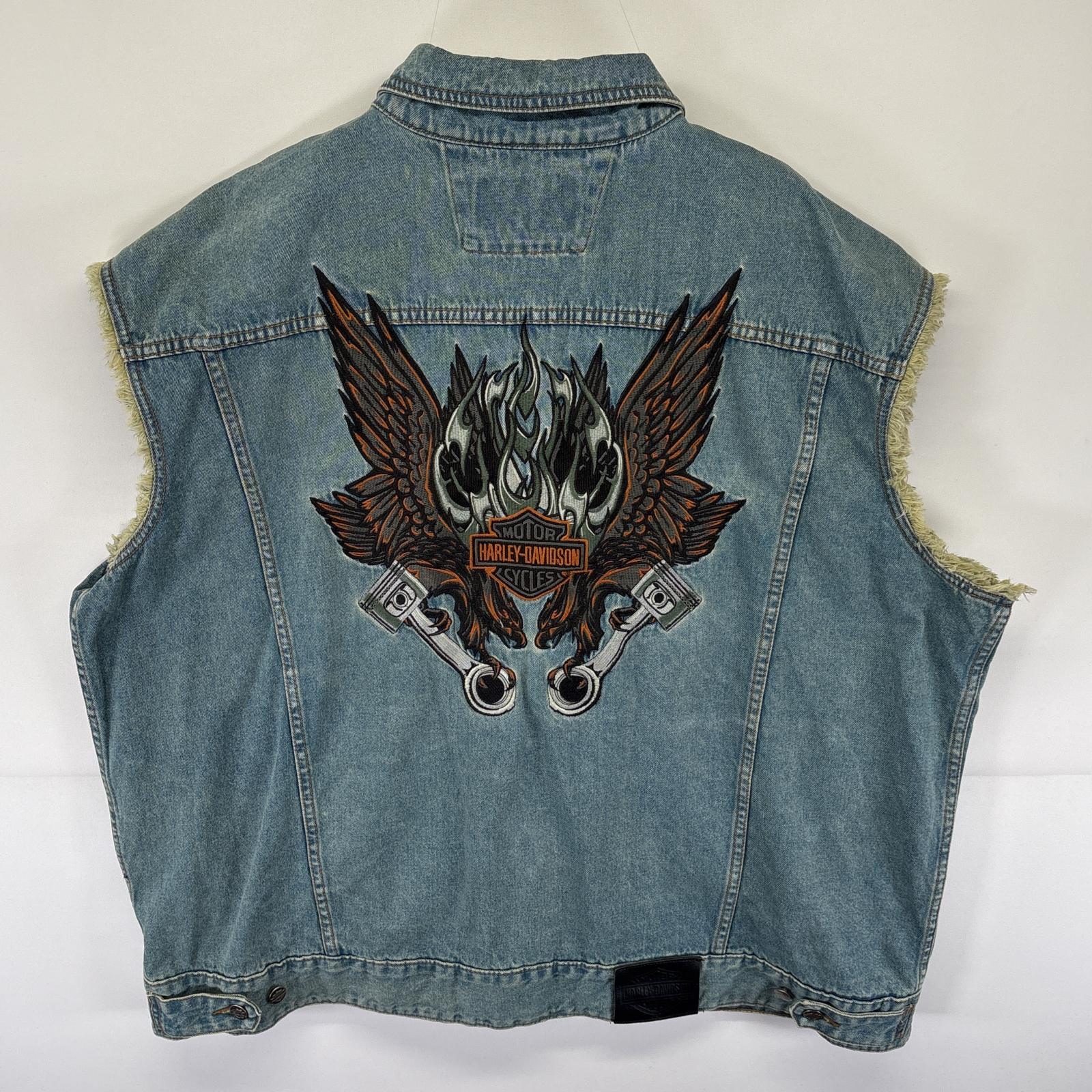 古着 ハーレーダビッドソン HARLEY DAVIDSON デニムベスト バックロゴ刺繍 バイカー 大きいサイズ ボタン ブルー メンズ 【中古】