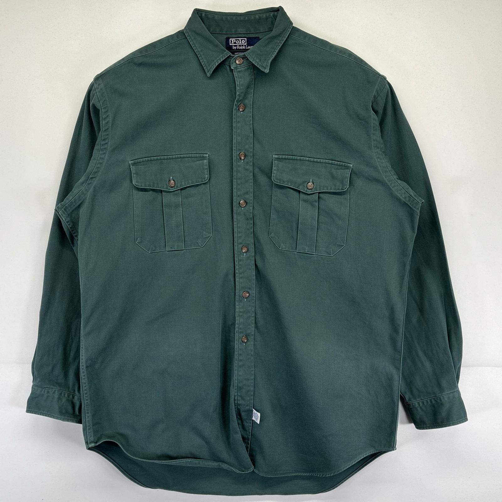 古着 90's/90年代 ポロバイラルフローレン Polo by Ralph Lauren USA製 長袖シャツ ワークシャツ 無地 厚手 ポケット L グリーン メンズ 【中古】