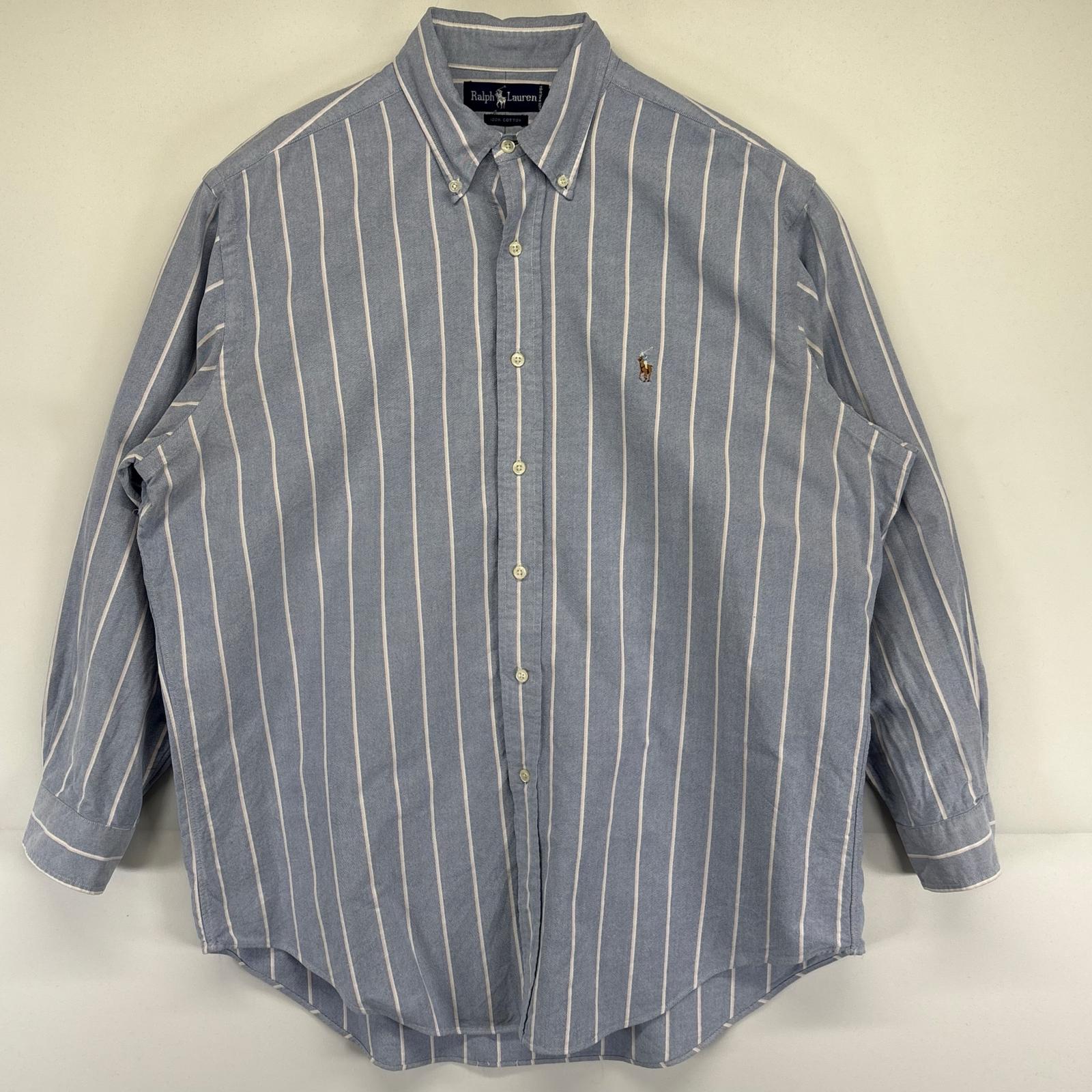 古着 90's/90年代 ラルフローレン RALPH LAUREN 長袖シャツ ストライプ柄 ワンポイントロゴ オックスフォード 16 ブルー系 メンズ 【中古】