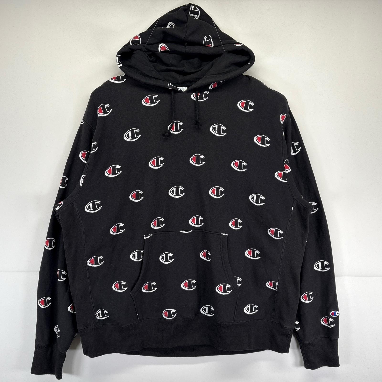 古着 チャンピオン Champion パーカー 大きいサイズ リバースウィーブ 総柄 フード 3XL ブラック メンズ 【中古】