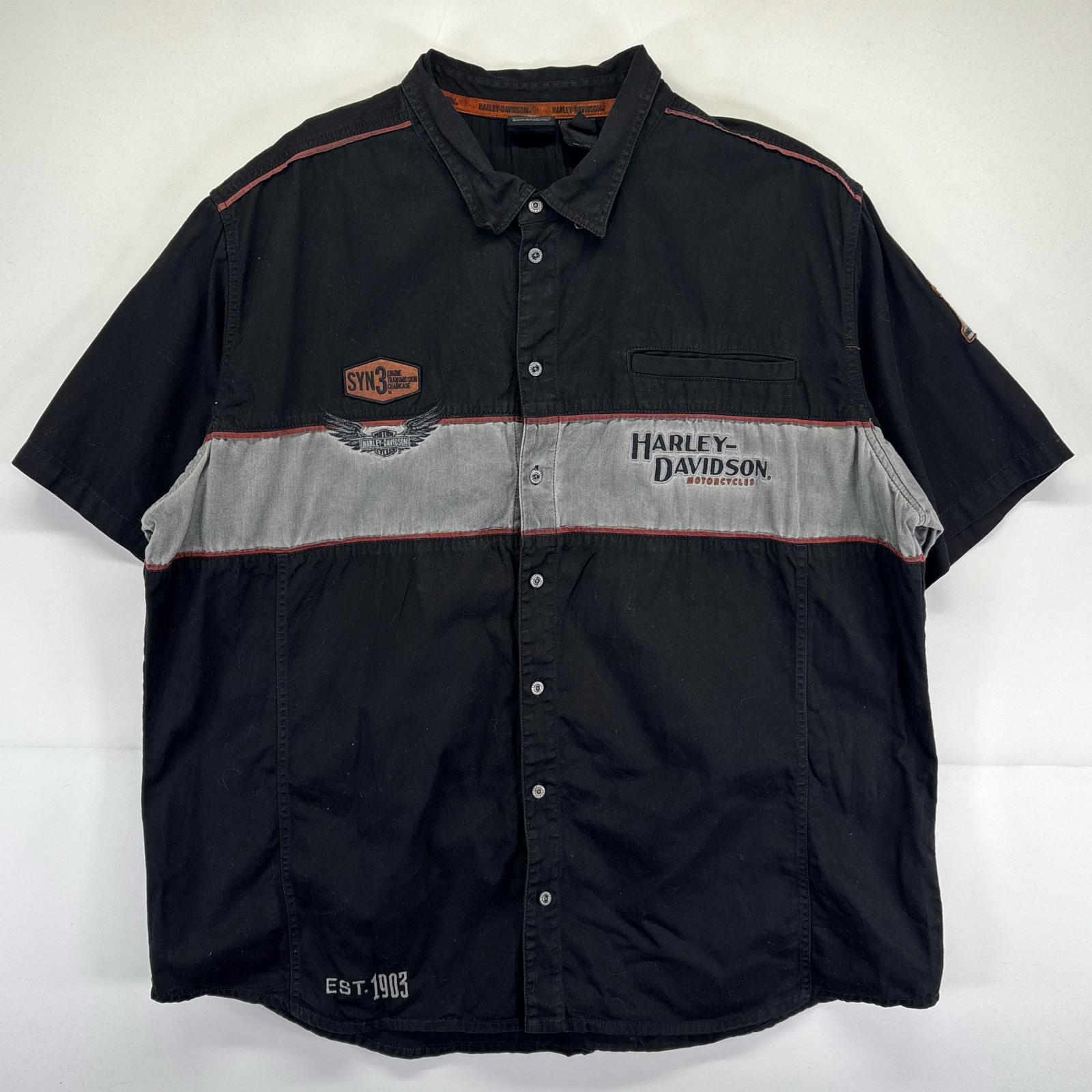 古着 ハーレーダビッドソン HARLEY DAVIDSON 半袖シャツ レーシングシャツ ワッペン 大きいサイズ バックデザイン 4XL ブラック メンズ 【中古】