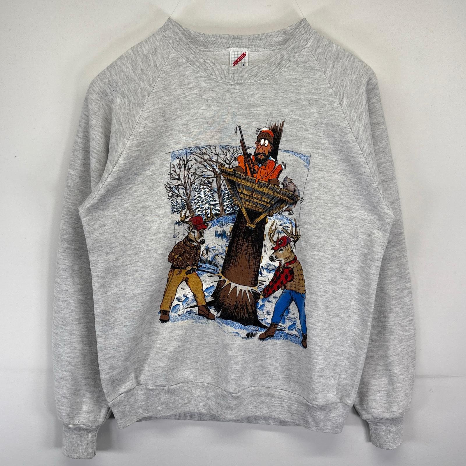 古着 90's/90年代 ジャージーズ Jerzees USA製 スウェット トレーナー クルーネック ビックプリント 風刺画 L グレー系 メンズ 【中古】