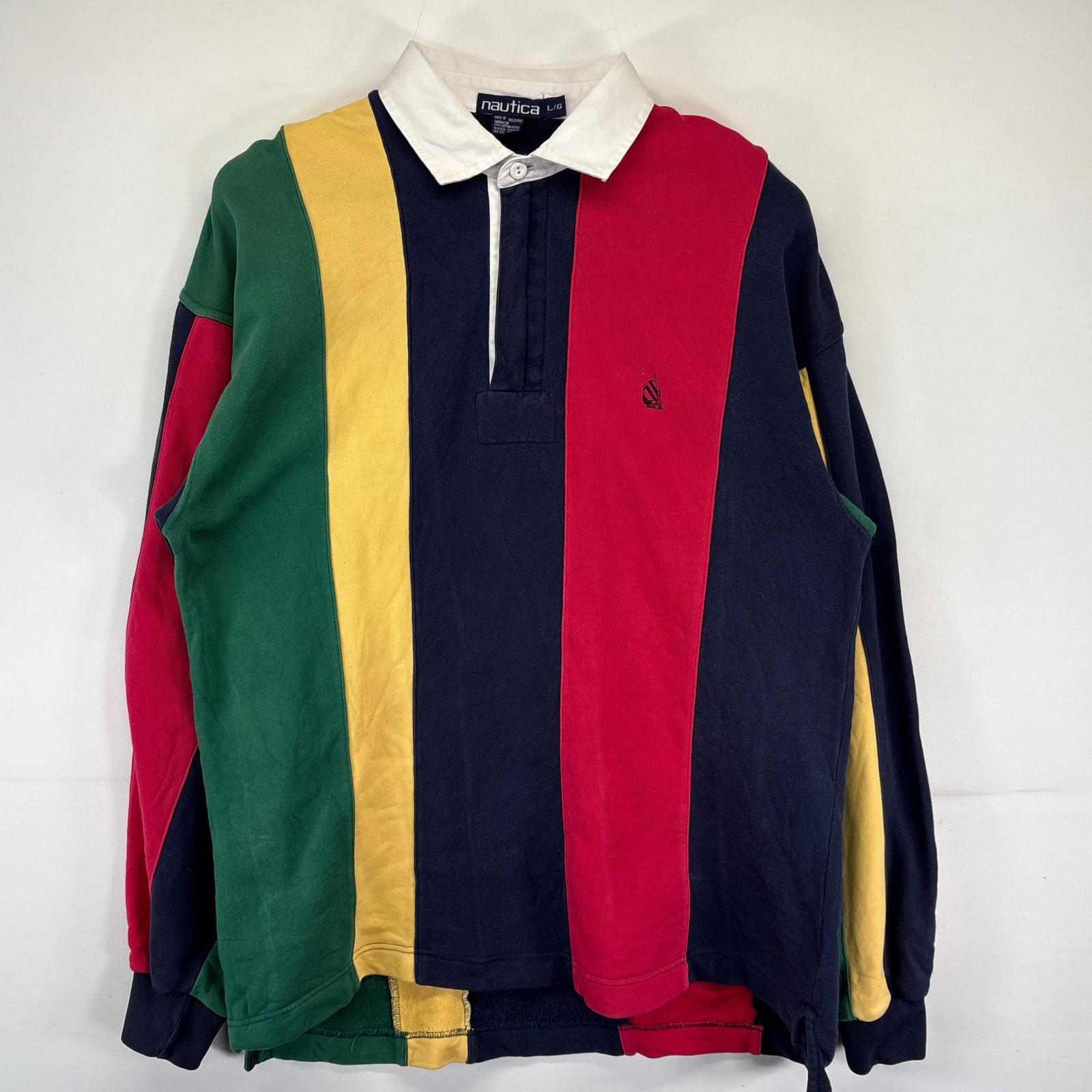 古着 90's/90年代 ノーティカ NAUTICA 長袖 ポロシャツ ラガーシャツ ストライプ柄 ワンポイントロゴ L マルチカラー メンズ 【中古】