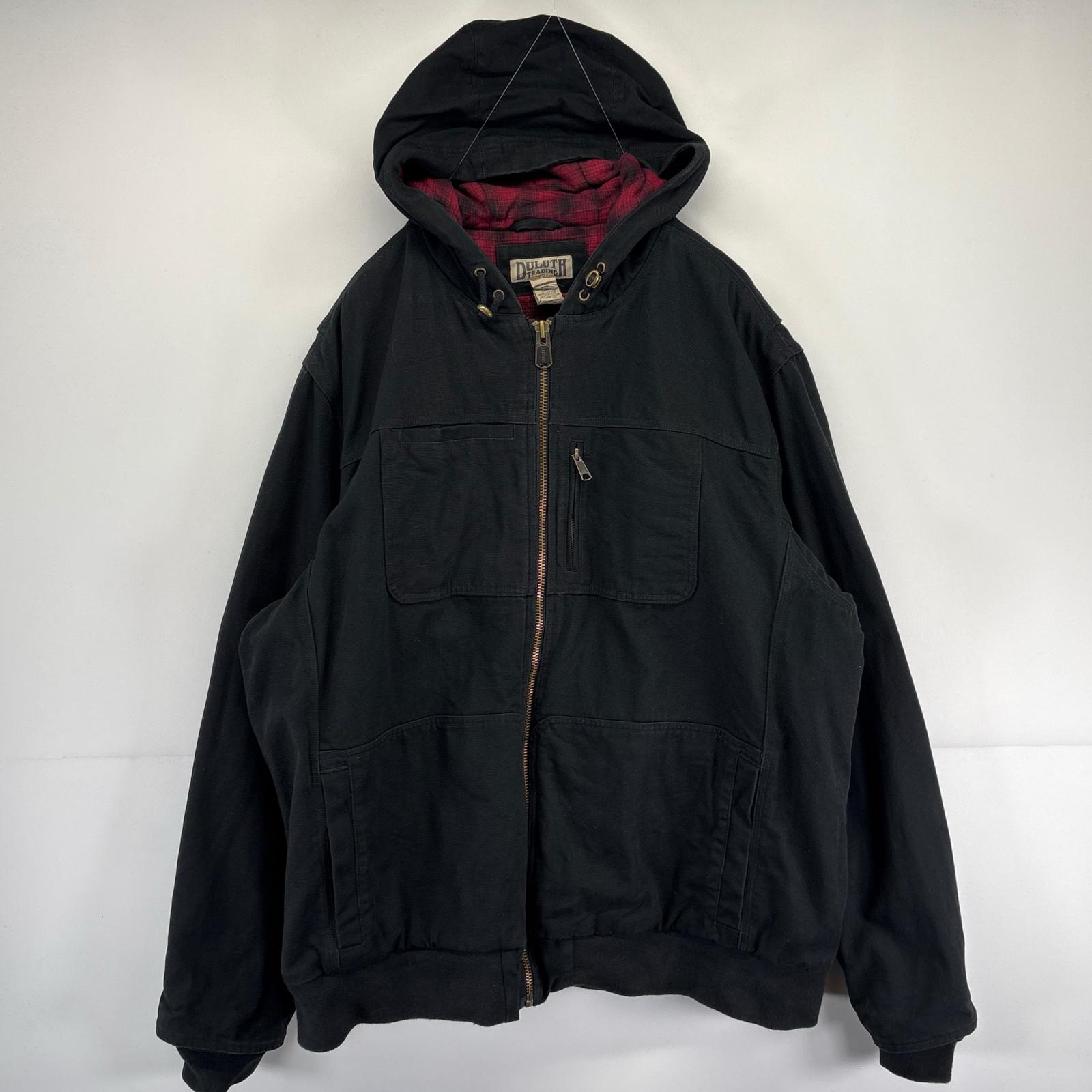 古着 DULUTH TRADING ジャケット ダックジャケット フーディー 裏地チェック フルジップ 大きいサイズ 2XL ブラック 無地 メンズ 【中古】