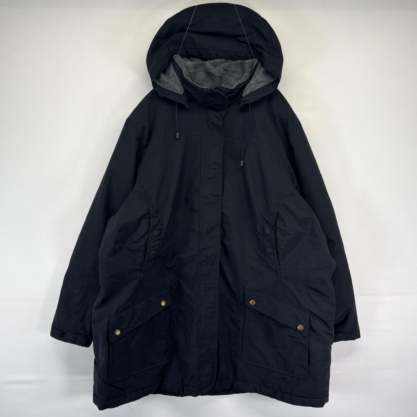 古着 ランズエンド Lands' End カバーオールジャケット 中綿 ロングジャケット ウエストドローコード ナイロン パーカー 2X ブラック レディース 【中古】
