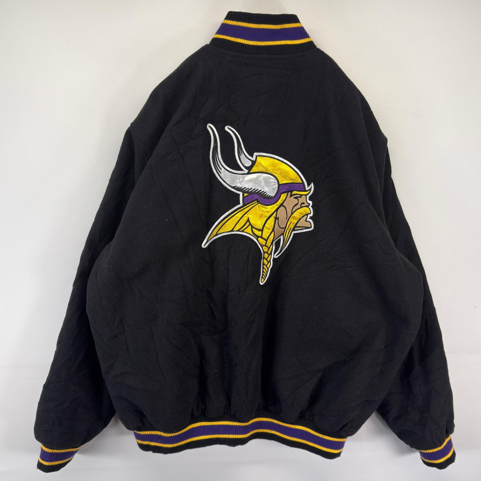古着 エヌエフエル NFL スタジャン フルジップ ミネソタ バイキングス アワードジャケット バック刺繍 大きいサイズ 2XL ブラック メンズ 【中古】