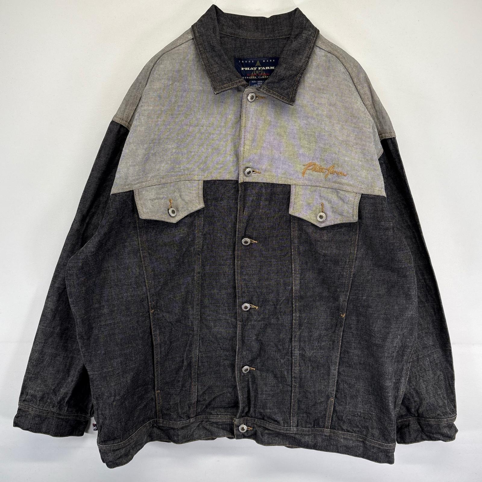 古着 90's/90年代 PHAT FARM デニムジャケット ヒップホップ 大きいサイズ ツートンカラー ロゴ刺繍 ワンポイント 2XL ブラック メンズ 【中古】