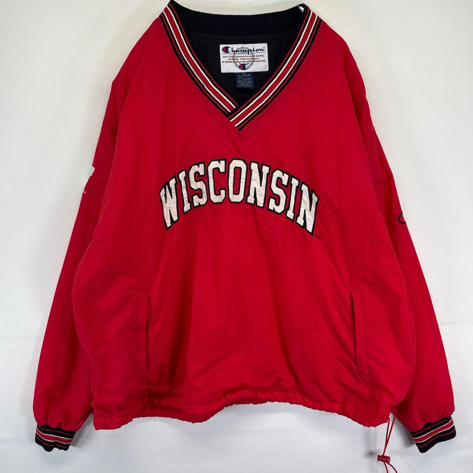 古着 90's/90年代 チャンピオン Champion ナイロンジャケット ナイロンプルオーバー Vネック WISCONSIN 2XL レッド メンズ 【中古】