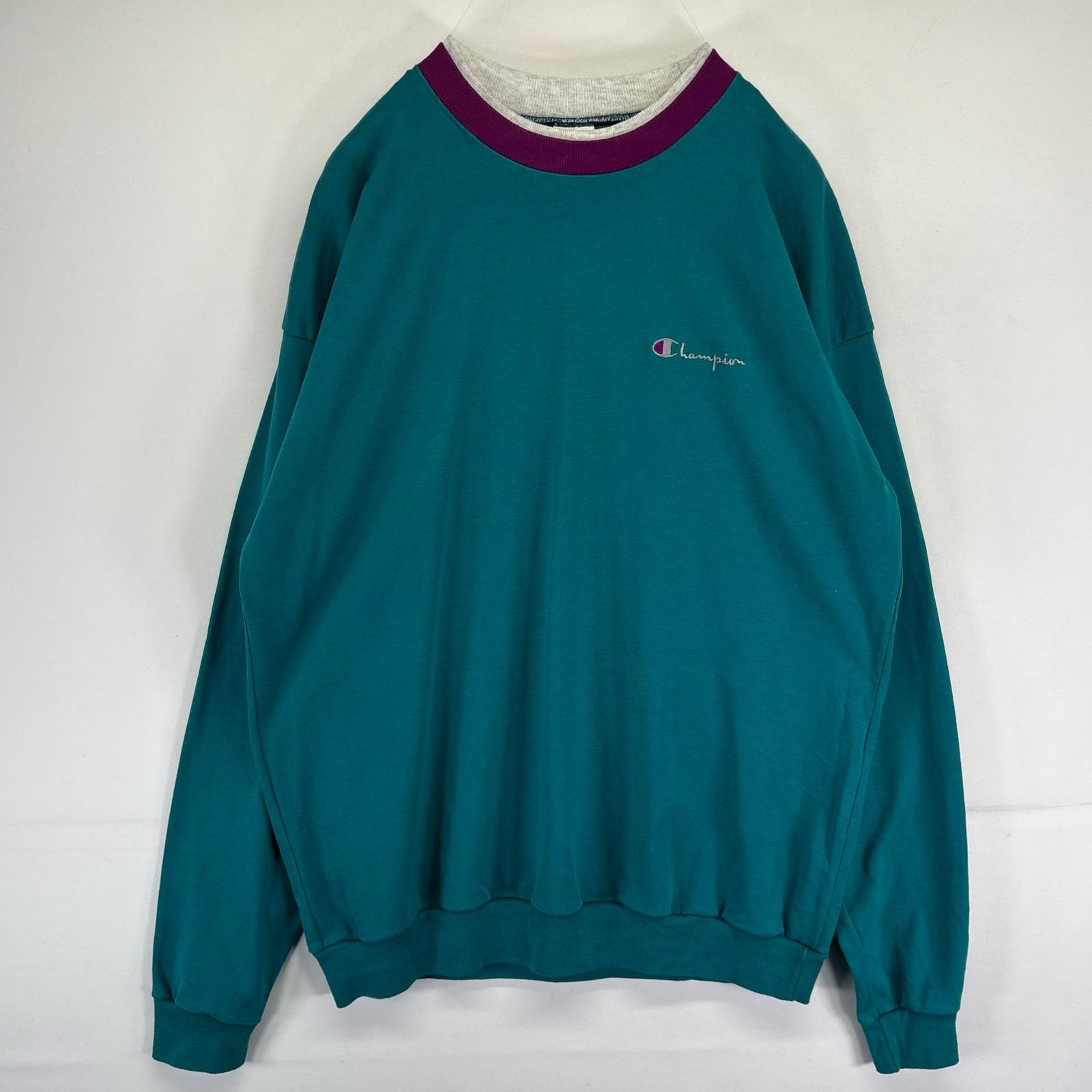 古着 90's/90年代 チャンピオン Champion USA製 スウェット トレーナー ロンT ロゴ刺繍 2段襟 クルーネック 大きいサイズ 2XL グリーン系 メンズ 【中古】