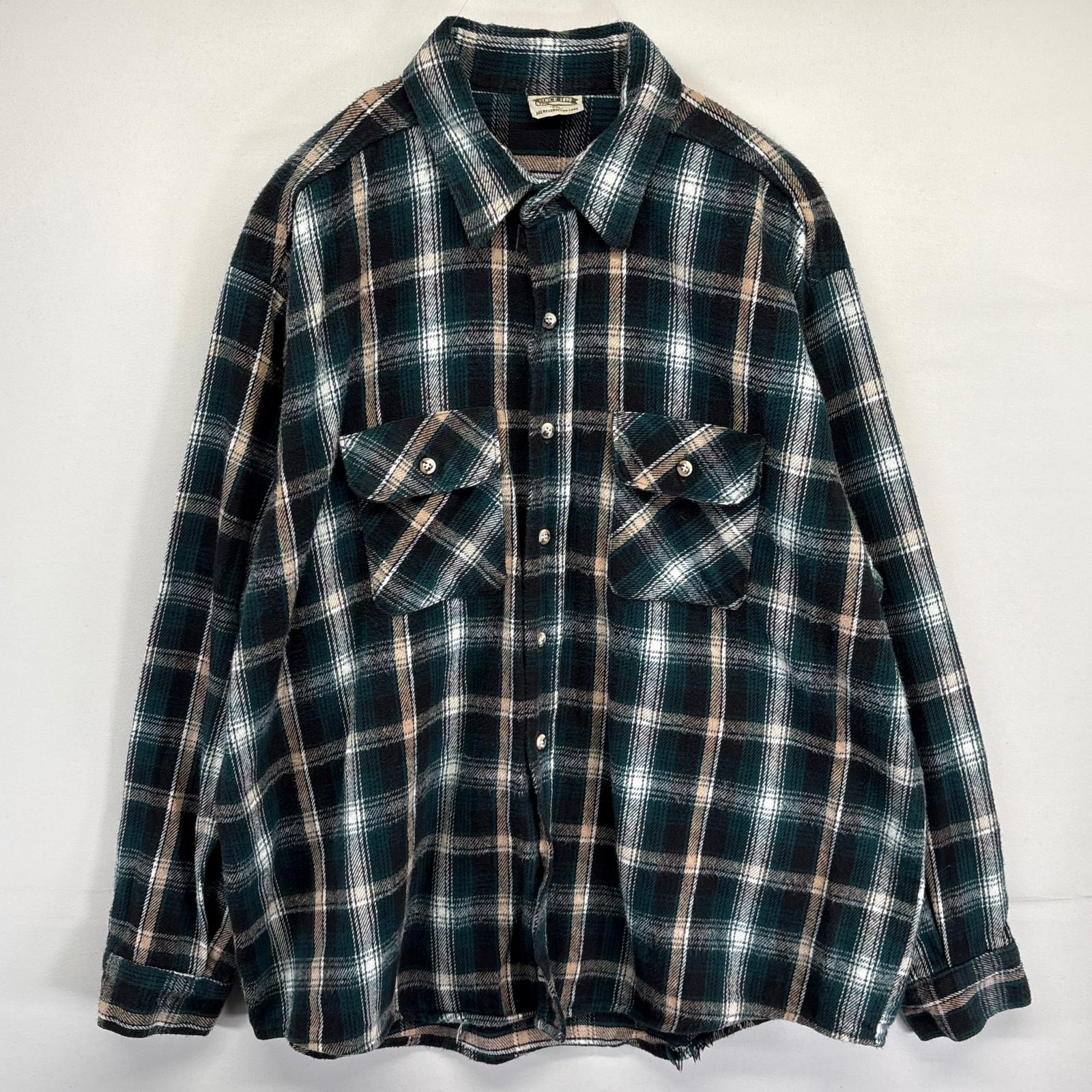 古着 90's/90年代 ファイブブラザー FIVE BROTHER USA製 長袖シャツ ヘビーネルシャツ チェック柄 大きいサイズ 2XL グリーン系 メンズ 【中古】