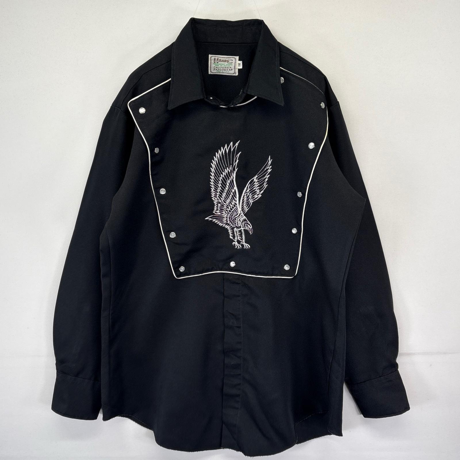 古着 70's/70年代 ヴィンテージ HBARK USA製 長袖シャツ 刺繍デザイン スナップボタン ウェスタンシャツ 16 ブラック メンズ 【中古】
