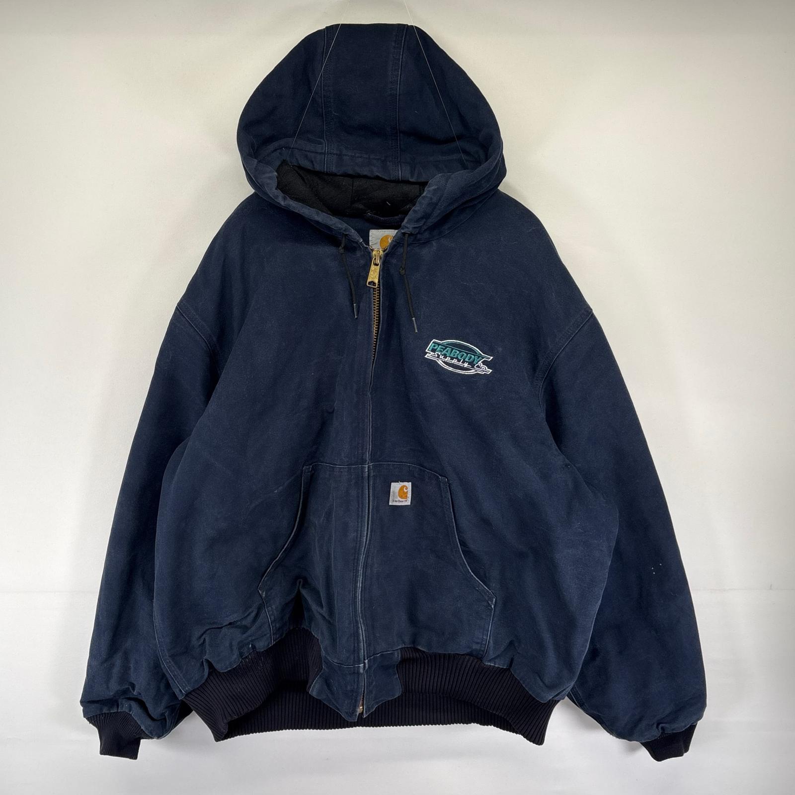 古着 カーハート Carhartt ダック ジャケット 中綿 アクティブジャケット フルジップ ワンポイント 2XL ネイビー系 メンズ 【中古】｜古着屋NIKKU