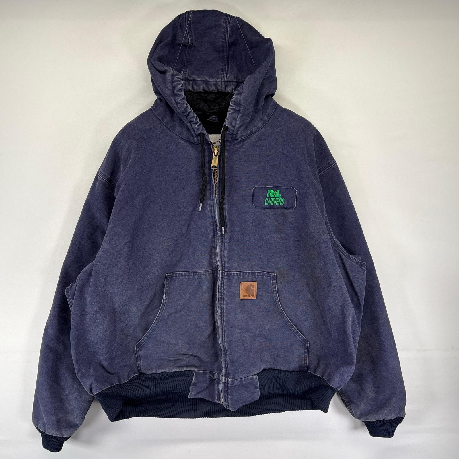 古着 カーハート Carhartt ダック ジャケット 中綿 アクティブジャケット フルジップ ロゴ 大きいサイズ 2XL ネイビー系 メンズ 【中古】｜古着屋NIKKU