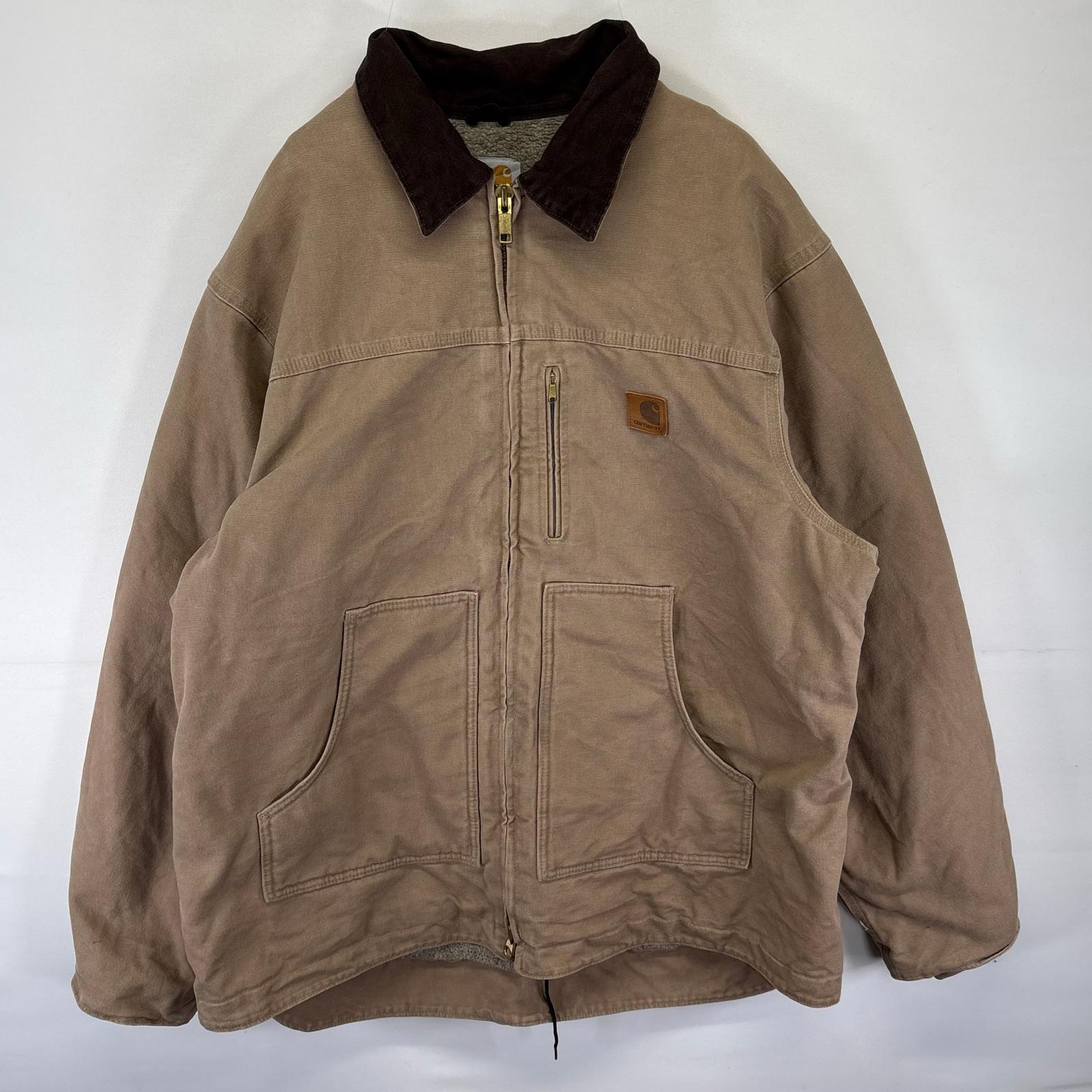 古着 カーハート Carhartt ダック ジャケット フルジップ Sandstone Ridge Coat デトロイトJKT 裏ボアライナー 2XL ベージュ系 メンズ 【中古】｜古着屋NIKKU