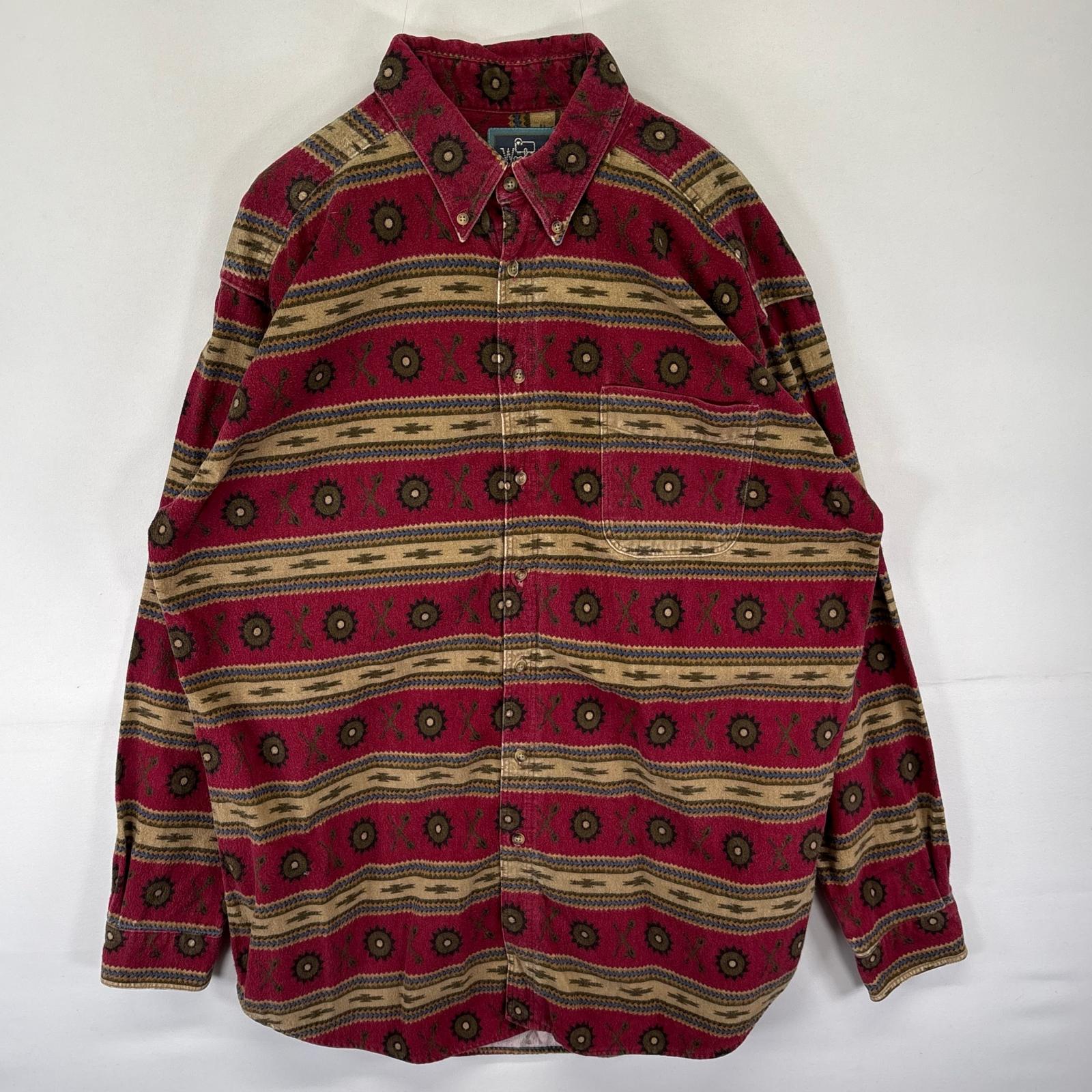 古着 90's/90年代 ウールリッチ Woolrich USA製 長袖シャツ ヘビーネル シャモア ネイティブ柄 XL ブラウン系 総柄 メンズ 【中古】｜古着屋NIKKU