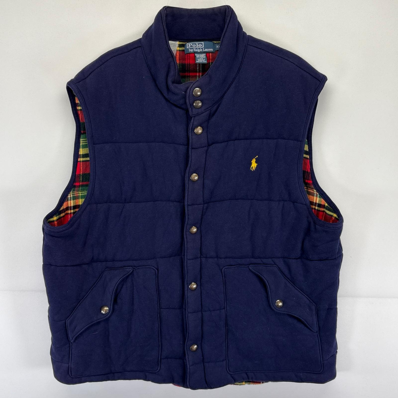 古着 ポロバイラルフローレン Polo by Ralph Lauren ベスト ワンポイント ロゴ 大きいサイズ 裏地チェック 2XL ネイビー系 メンズ 【中古】｜古着屋NIKKU 9,636円