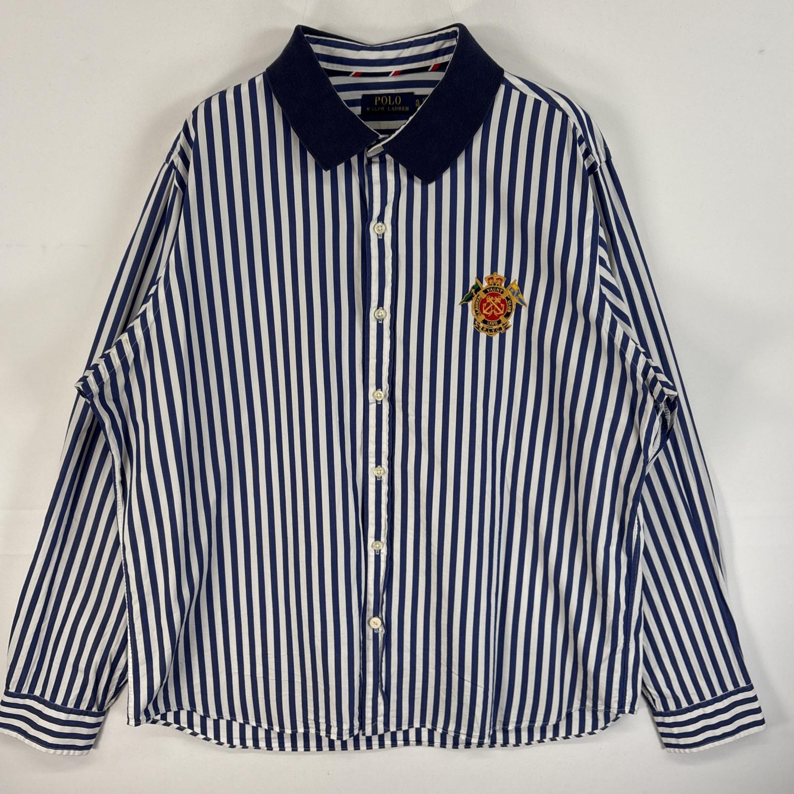 古着 ポロ・ラルフローレン POLO RALPH LAUREN 長袖シャツ ロゴ 刺繍 襟切替 大きいサイズ XL ブルー系 ストライプ メンズ 【中古】