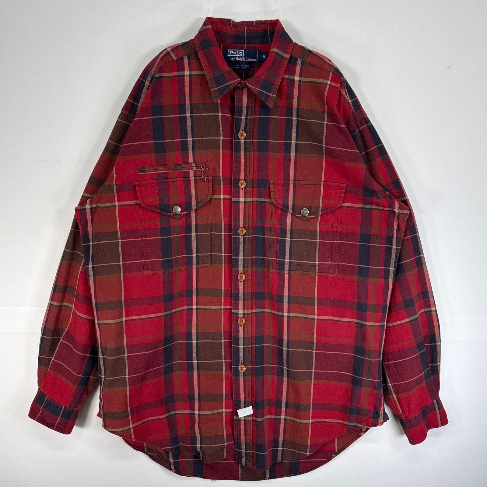 古着 90's/90年代 ポロバイラルフローレン Polo by Ralph Lauren 長袖シャツ リネン フラップポケ チンスト M レッド系 マルチカラー メンズ 【中古】