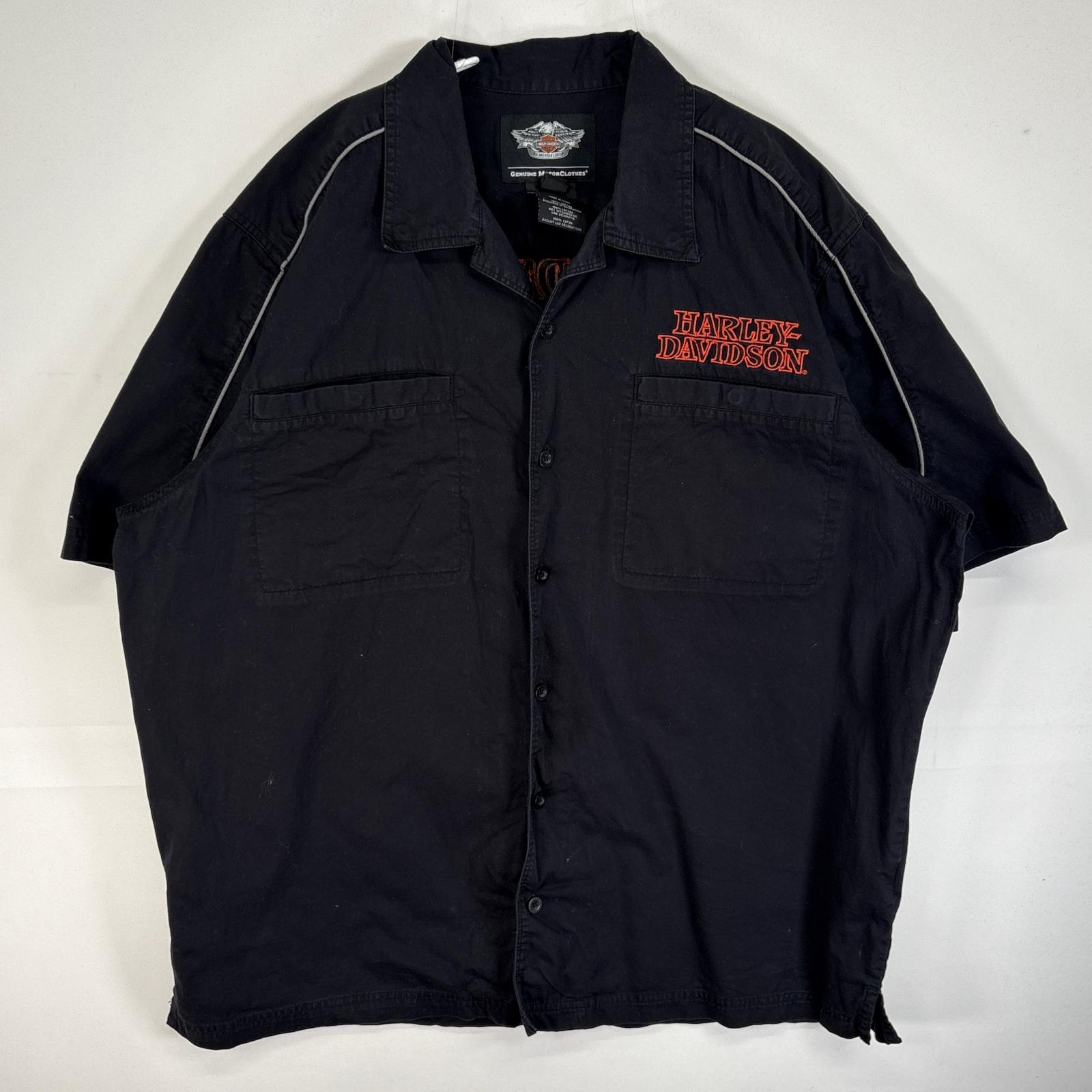 古着 ハーレーダビッドソン HARLEY DAVIDSON 半袖シャツ ワーク モーターカルチャー 両面 刺繍 ロゴ スカル XL ブラック メンズ 【中古】