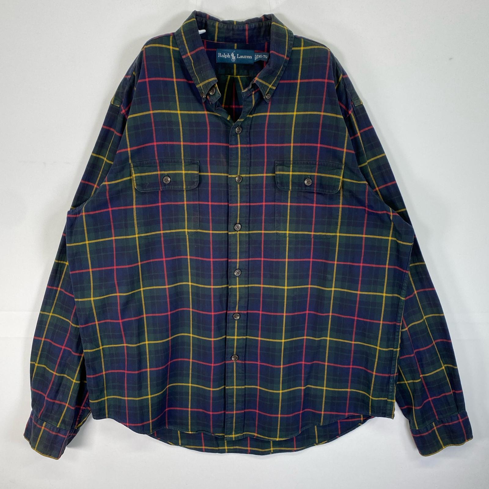 古着 ラルフローレン RALPH LAUREN 長袖シャツ フラップポケ チェック 大きいサイズ XL ネイビー系 マルチカラー メンズ 【中古】