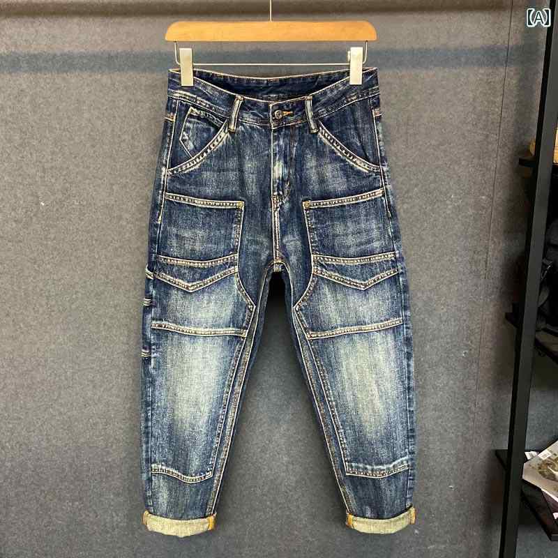 デニムパンツ 春秋 レトロ ワークウェア ジーンズ メンズ アメカジ ステッチ ストリート ストレート パンツ デニム 都会的 レジャー サンドブラスト