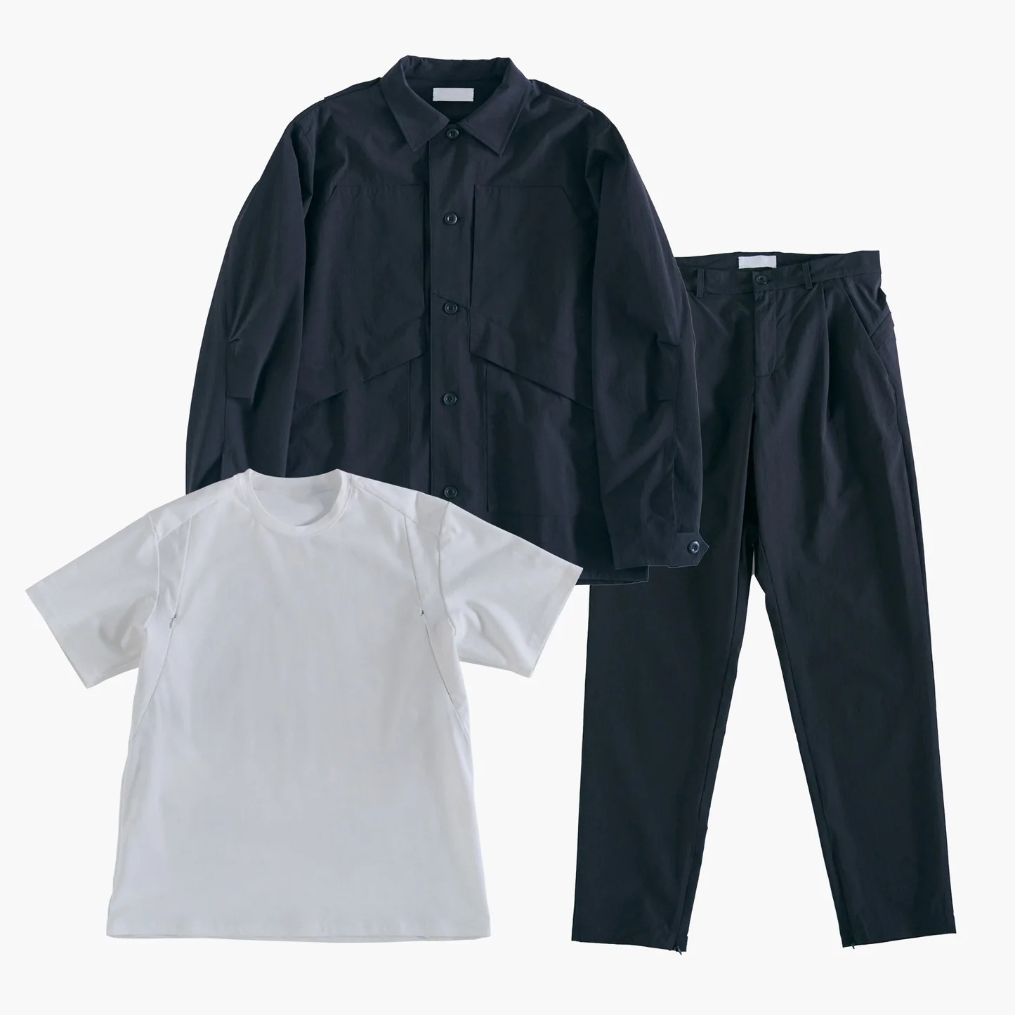 uool. ユールドット シーンレス フルセット ブラック グレー 黒ジャケット 白 ホワイト シャツジャケット メンズセットアップウェア パンツ tシャツ ユニセックス メンズ きれいめ アウトドア ストレッチ 黒シャツ 白シャツ 撥水 レディース 黒 お洒落 シンプル 無地 上下