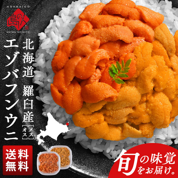 北海道 知床・羅臼産 生エゾバフンウニ オス・メス食べ比べ 200g(ウニ丼大盛2杯分)【送料無料】<br><br>生うに 塩水ウニ 塩水パック うに 雲丹 グルメ 食品 海鮮丼 ミョウバン不使用 お取り寄せグルメ 海鮮 バフン バフンウニ