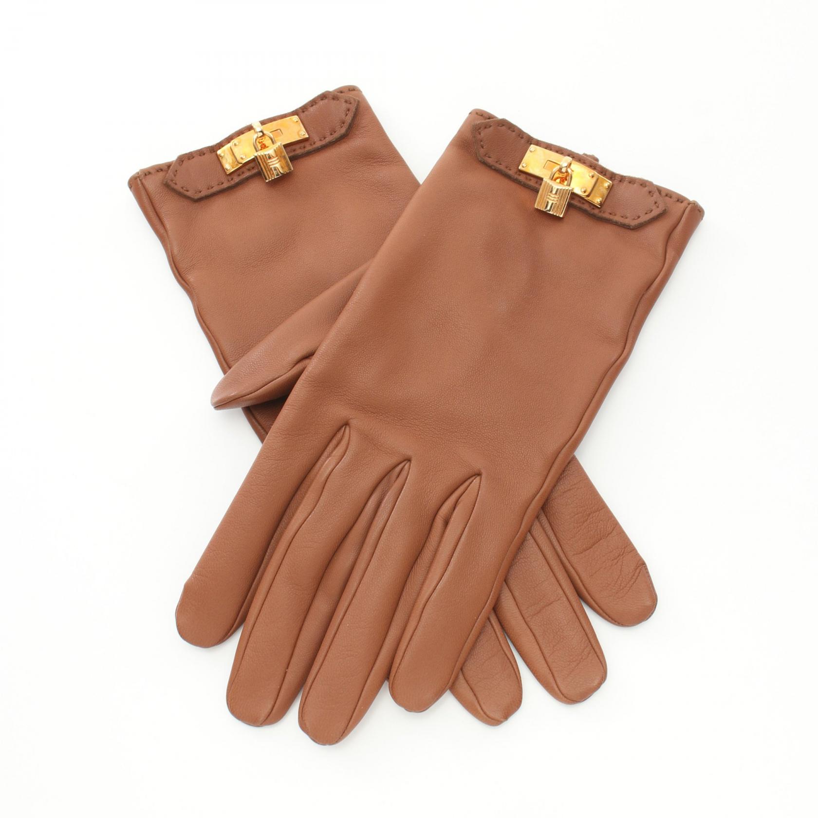 HERMES　エルメス　ケリー レザー グローブ 手袋　 7 1/2 エルメス手袋 黒ラムレザー ケリー金具 サイズ7 美品 HERMES