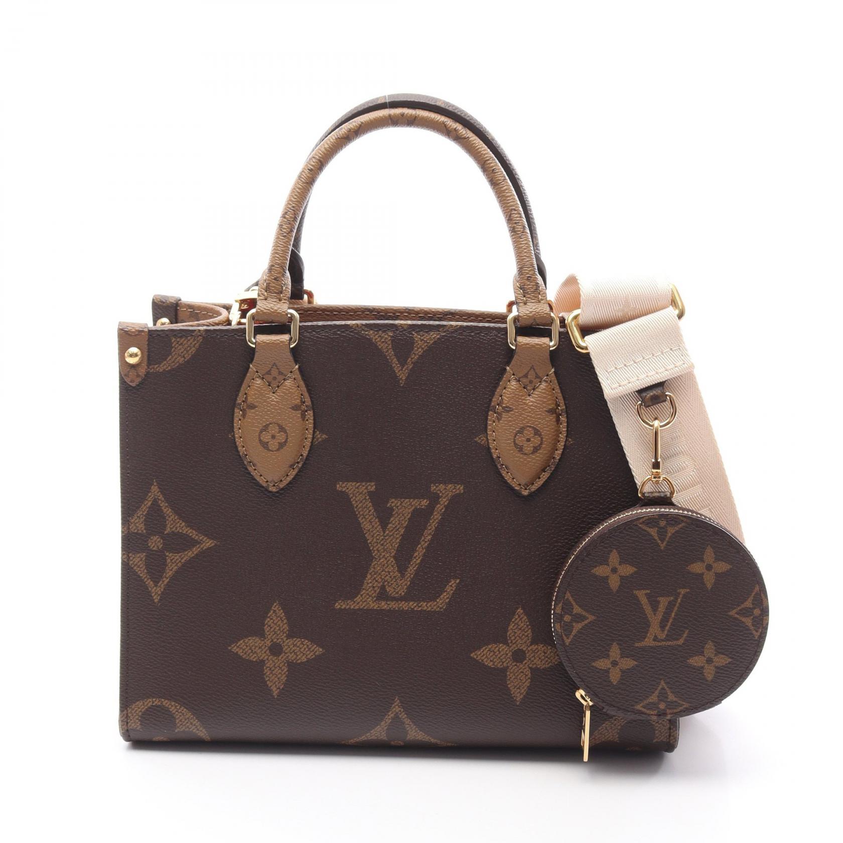 ルイ・ヴィトン LOUIS VUITTON オンザゴーPM ハンドバッグ バッグ PVCコーティングキャンバス モノグラム・ジャイアントリバース ブラウン系 / ベージュ系 M46373 【中古】