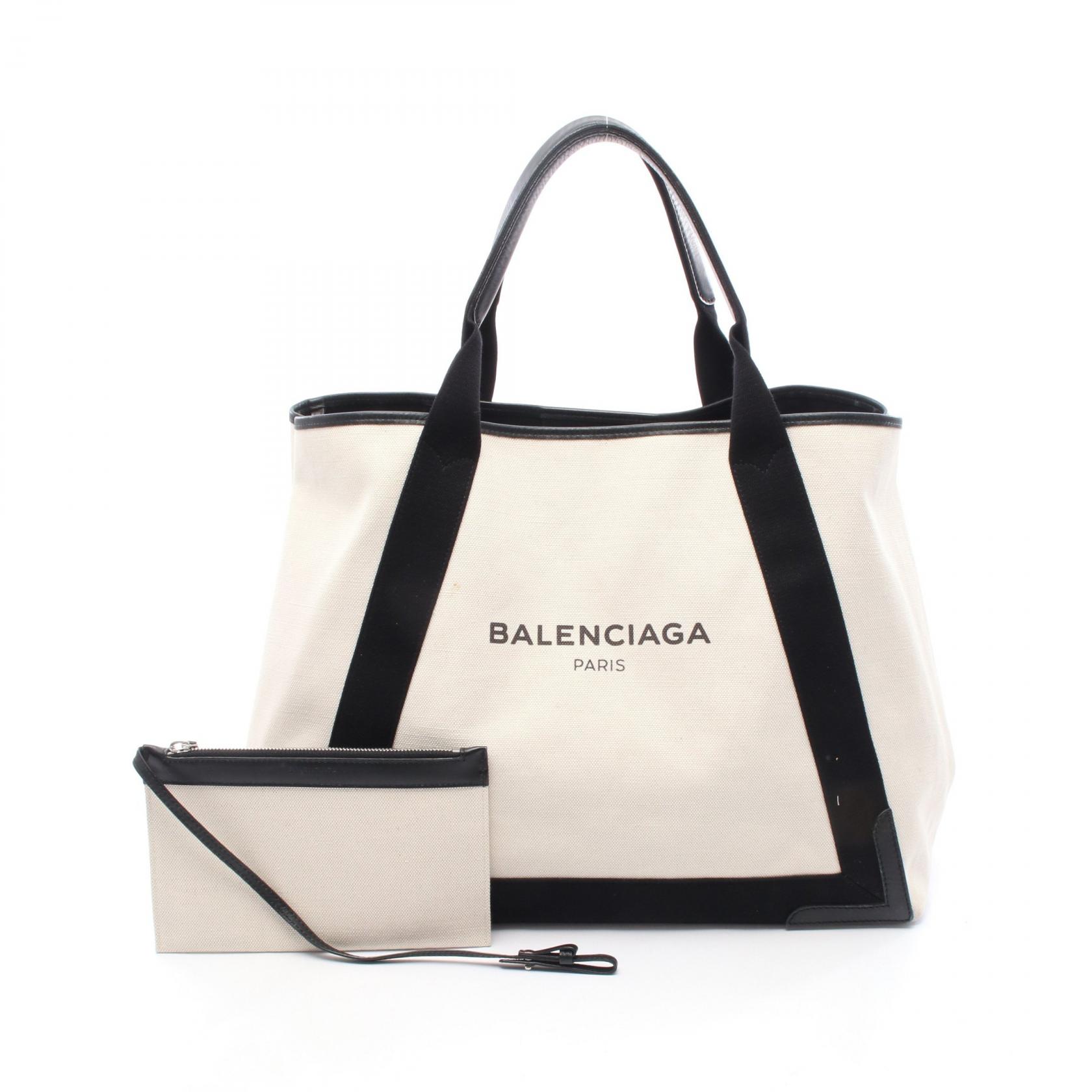 バレンシアガ BALENCIAGA NAVY CABAS ネイビーカバ M トートバッグ バッグ キャンバス レザー ホワイト系 / ブラック系 339936 【中古】