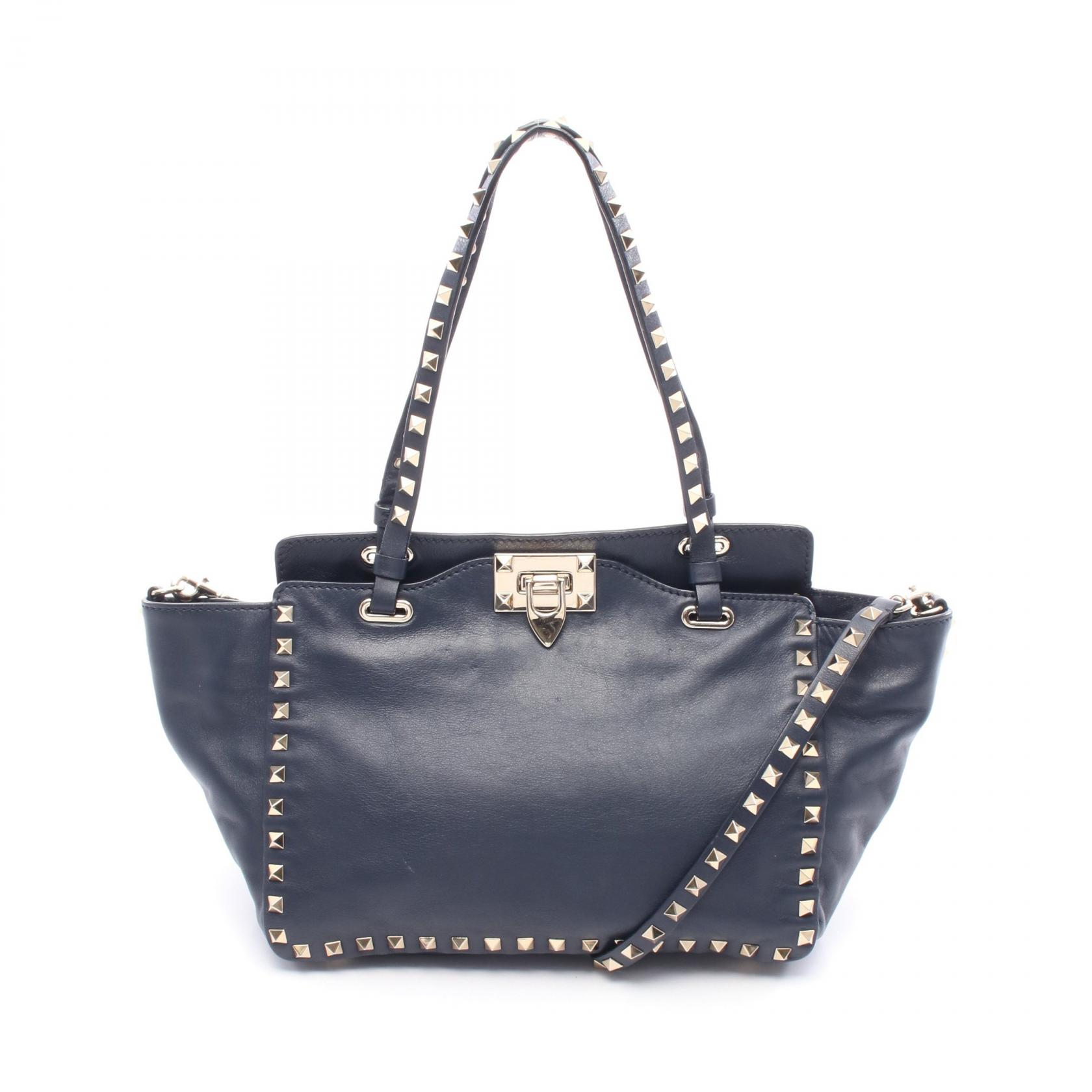 【15%OFFクーポン 7/19 20時~7/26 9:59】ヴァレンチノ Valentino ロックスタッズ トートバッグ バッグ レザー ネイビー系 【中古】|RECLO(リクロ)店