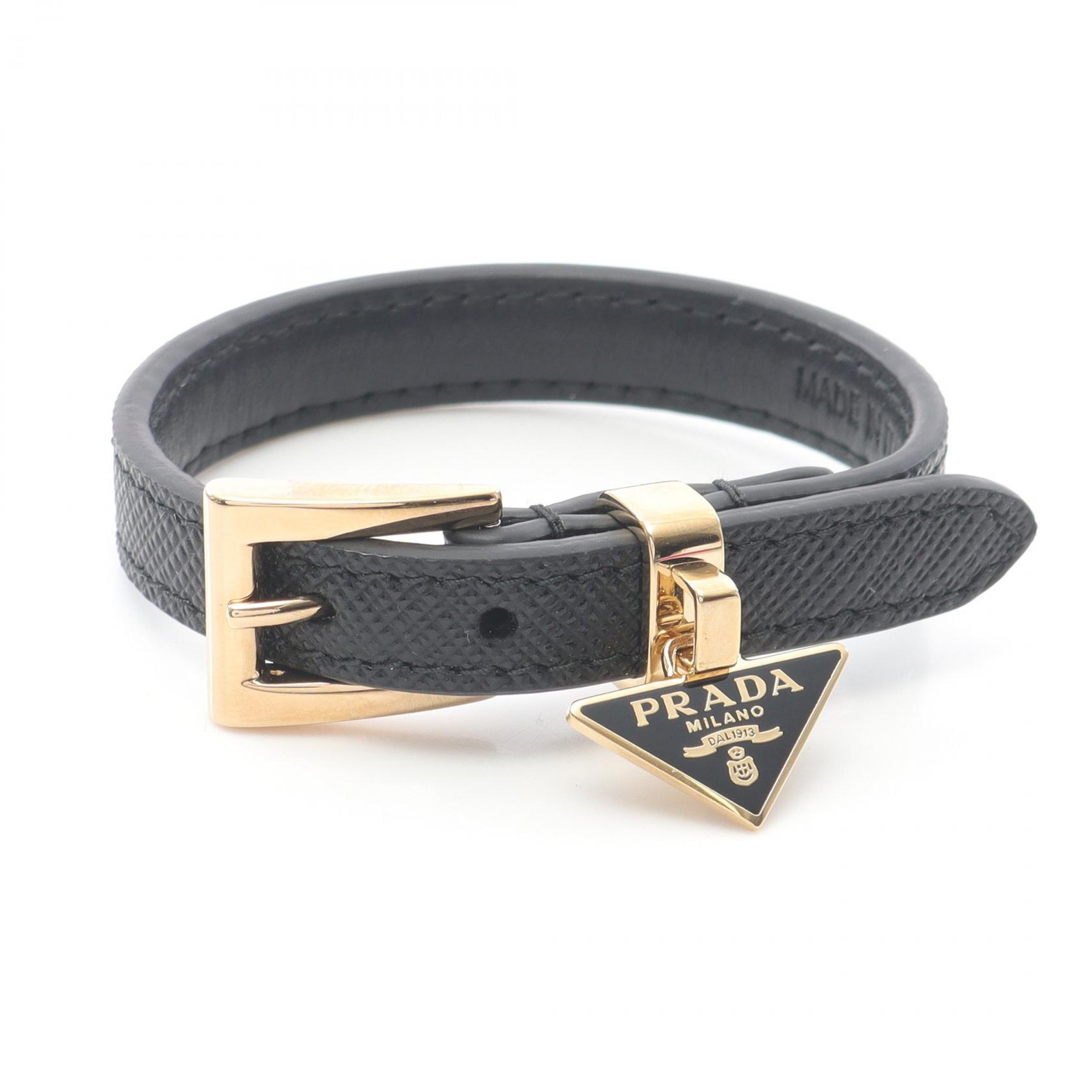 プラダ PRADA トライアングルロゴ ブレスレット アクセサリー GP（ゴールドメッキ） サフィアーノレザー ゴールド系 / ブラック系 1IB351053F0002M 【中古】