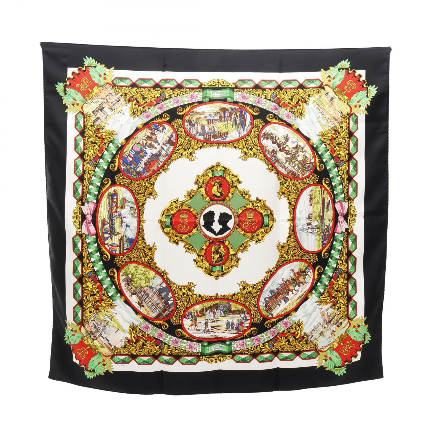 エルメス HERMES カレ90 L'ENTENTE CORDIALE スカーフ 衣料品 シルク シルク ブラック系 / ホワイト系 / マルチカラー 【中古】