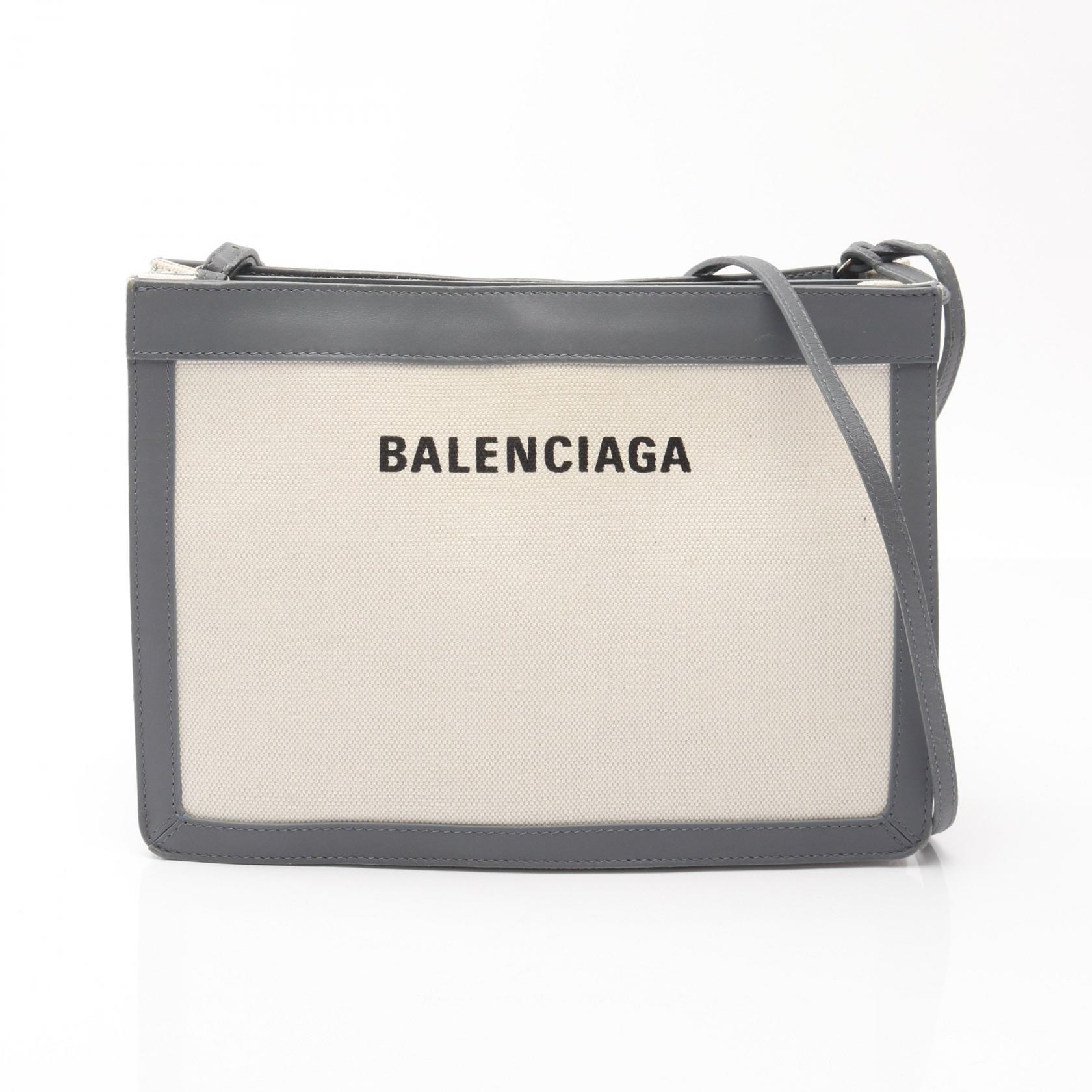 バレンシアガ BALENCIAGA ネイビー ポシェット ショルダーバッグ バッグ キャンバス レザー アイボリー系 / グレー系 【中古】