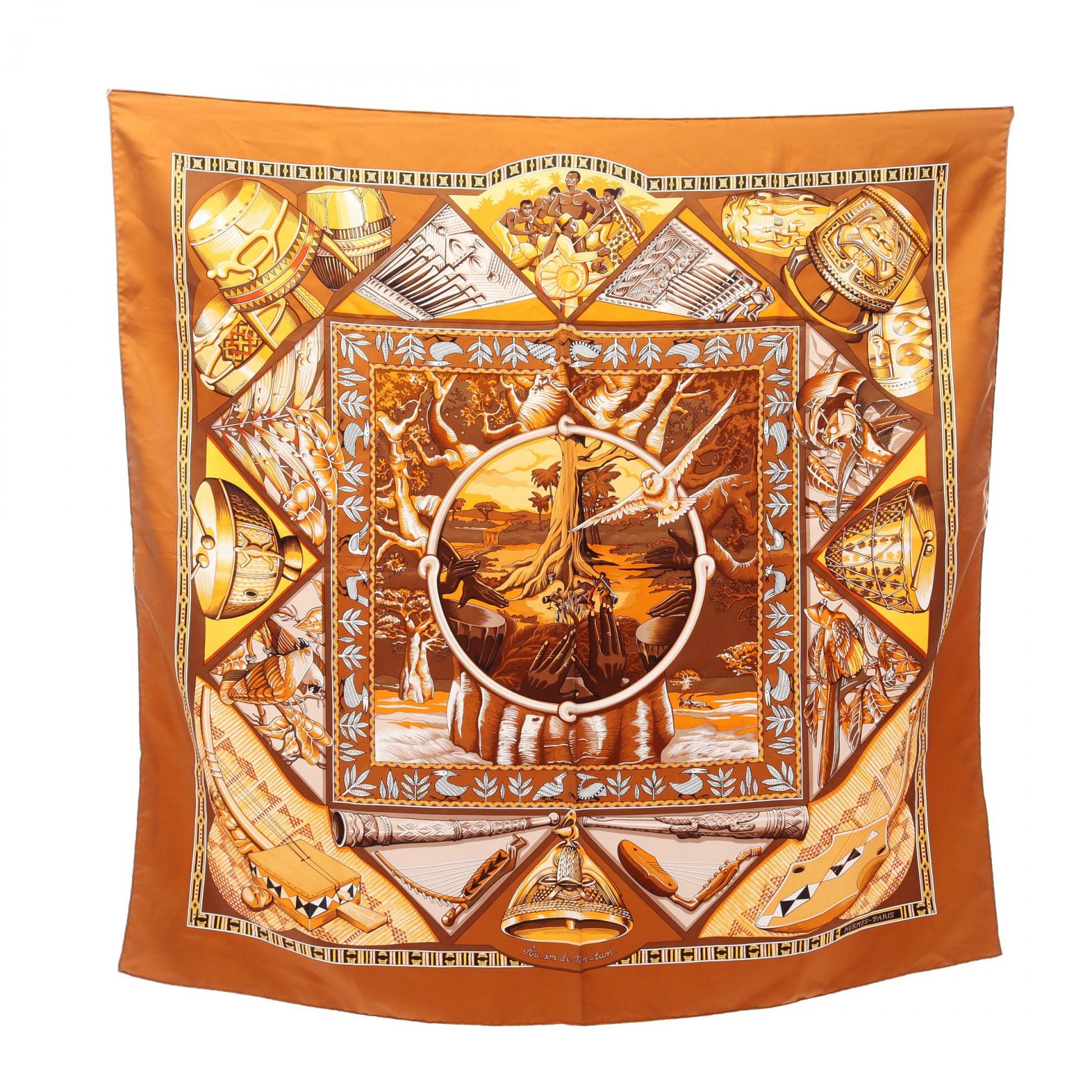 エルメス HERMES カレ90 Au son du Tam tam スカーフ 衣料品 シルク シルク ブラウン系 / マルチカラー 【中古】