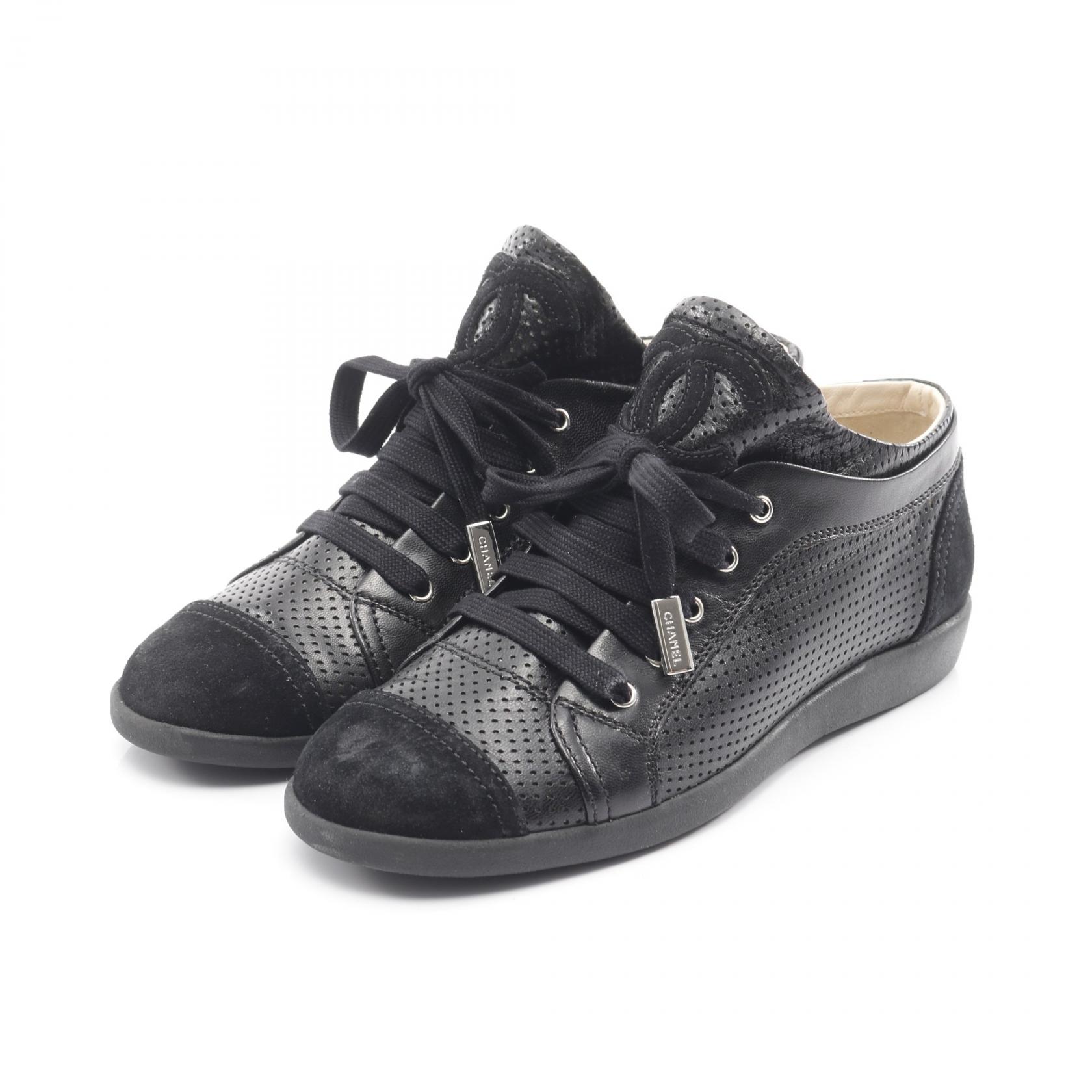 美品 CHANEL シャネル カメリア レザースニーカー ブラック シャネル ココマーク カメリア 23A レザー×ファブリック スニーカー