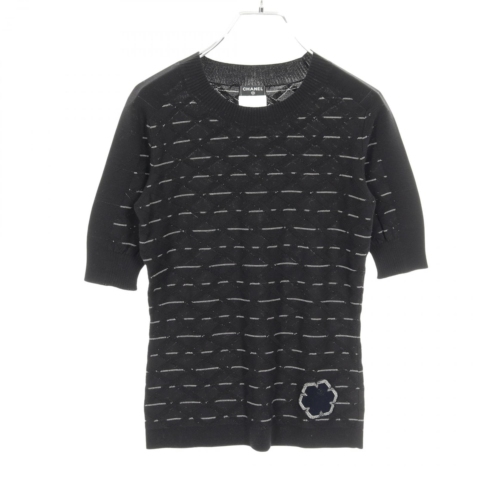 CHANELシャネル ドットリボン ショート スリーブ 半袖ニット ローゲージ an /アン】チェック柄/ チュール/ ショルダーリボン/ フロントジップ