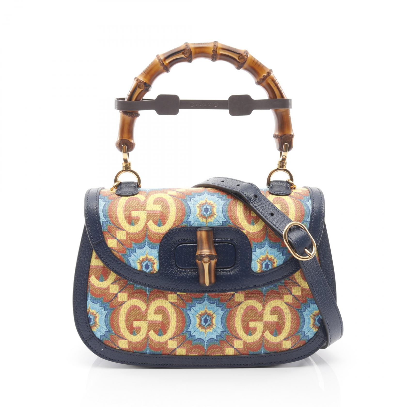 グッチ GUCCI バンブー 1947 GGロゴ ハンドバッグ バッグ PVCコーティングキャンバス レザー オレンジ系 / ネイビー系 / マルチカラー 678489 【中古】