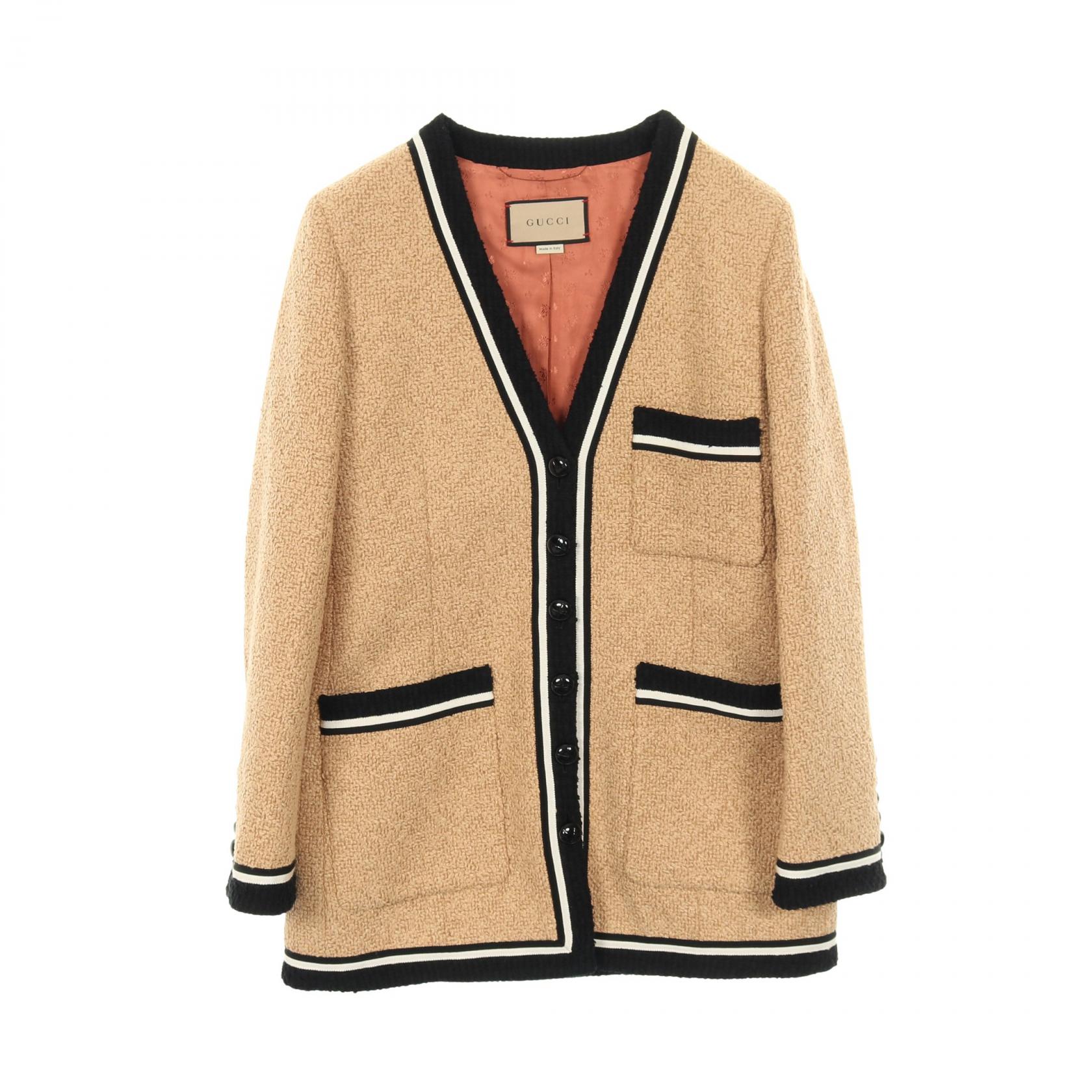 グッチ GUCCI ノーカラージャケット 衣料品 アウター ポリエステル / レーヨン / コットン ベージュ系 / ブラック系 702792 【中古】