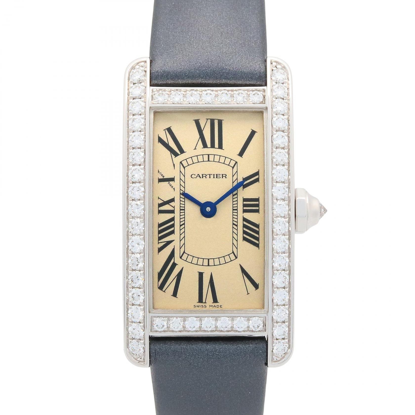 カルティエ CARTIER タンクアメリカン SM ベゼルダイヤ 腕時計 時計 K18WG（ホワイトゴールド） レザーベルト ダイヤモンド アイボリー系 / シルバー系 WB707331 【中古】