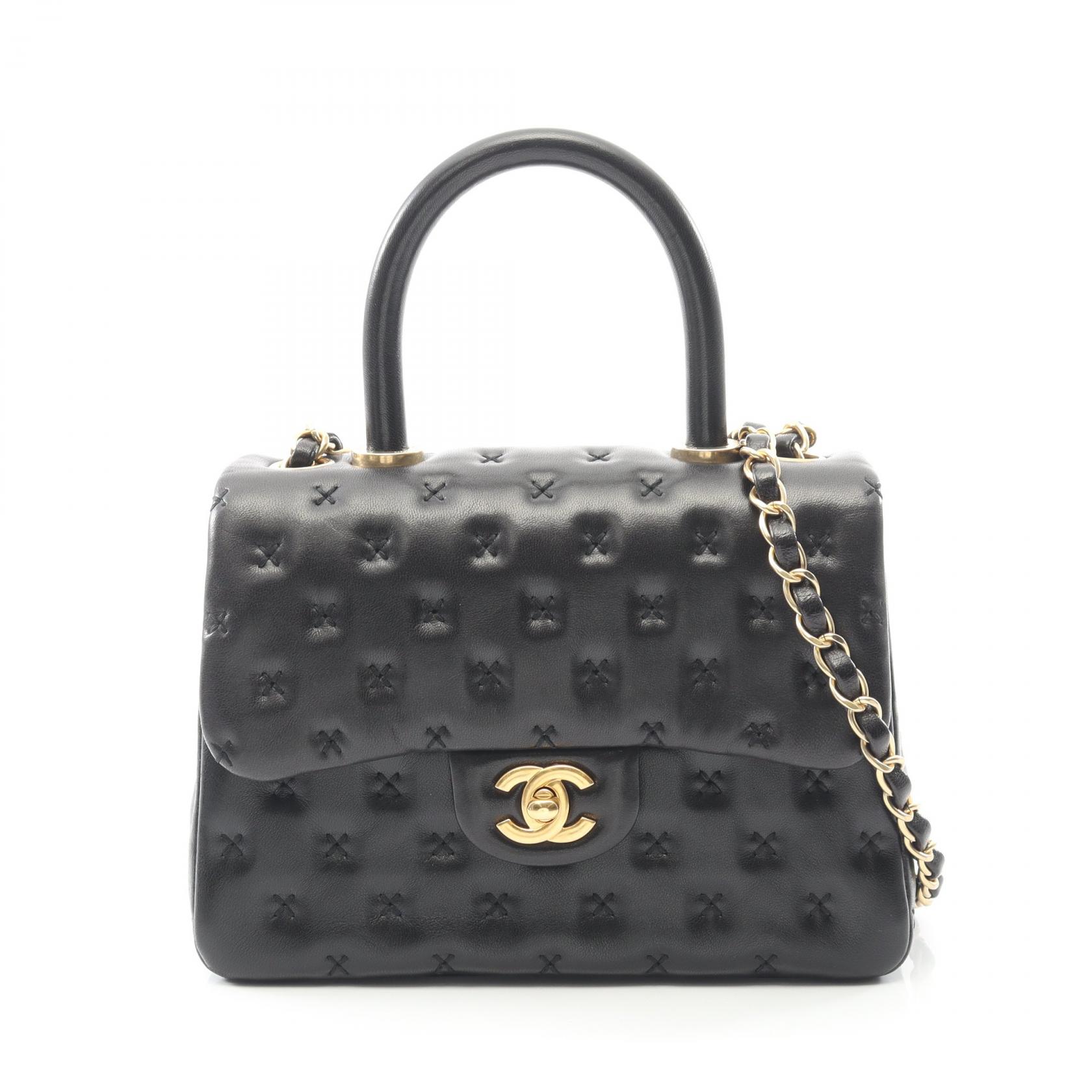 シャネル CHANEL クロスステッチ トップハンドル ショルダーバッグ バッグ ラムスキン（羊革） ブラック系 98724 【中古】