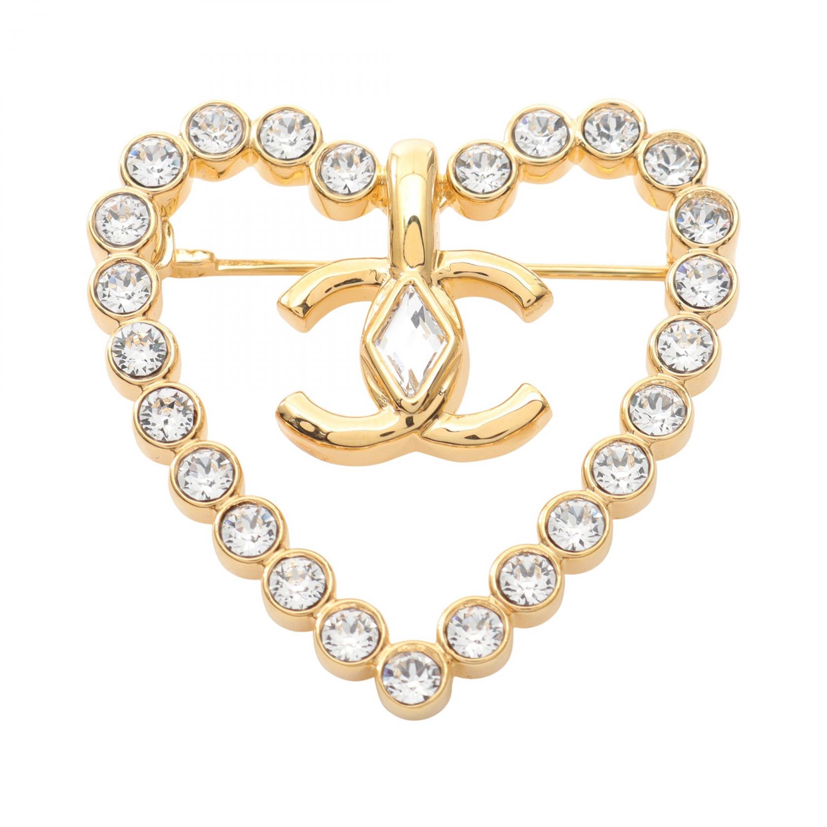 シャネル CHANEL ココマーク ハート ブローチ アクセサリー GP（ゴールドメッキ） ラインストーン ゴールド系 / クリア系 【中古】