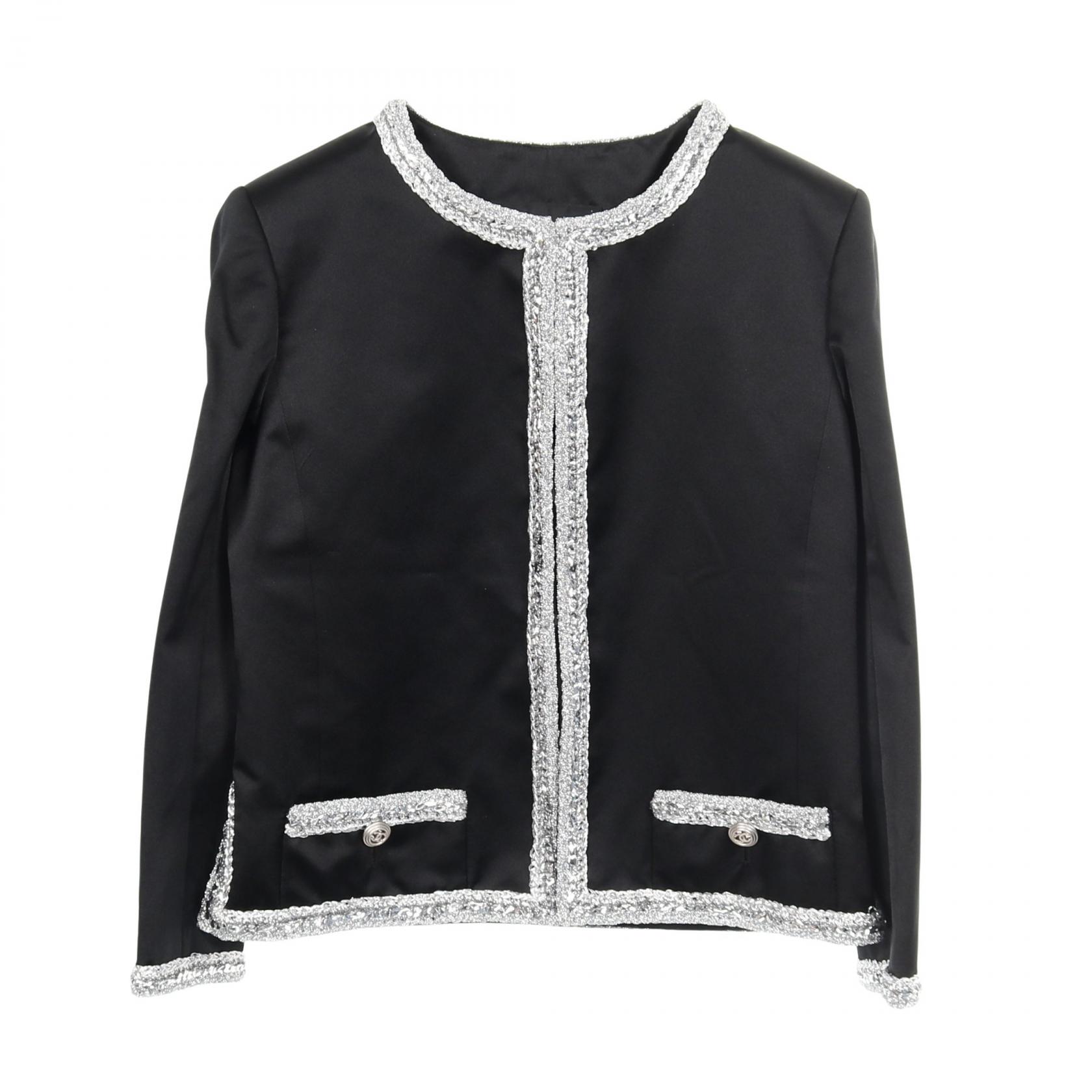 シャネル CHANEL ココマークボタン ノーカラージャケット 衣料品 アウター シルク ブラック系 / シルバー系 P64052V60050 【中古】